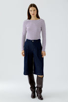 Oui Sumiko fitted striped long sleeve top styled with navy shorts