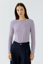 Oui Sumiko purple and white striped long sleeve top front view