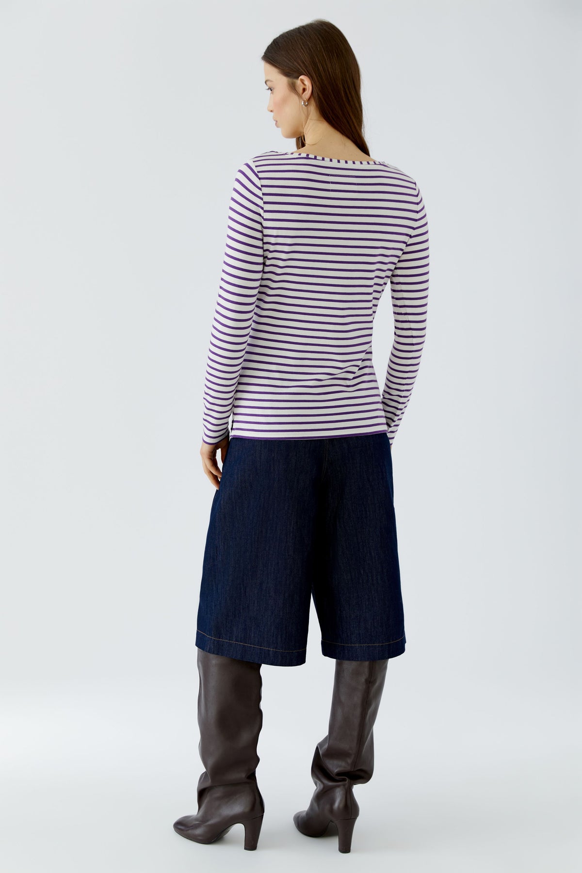 Oui striped round neck top back view on model