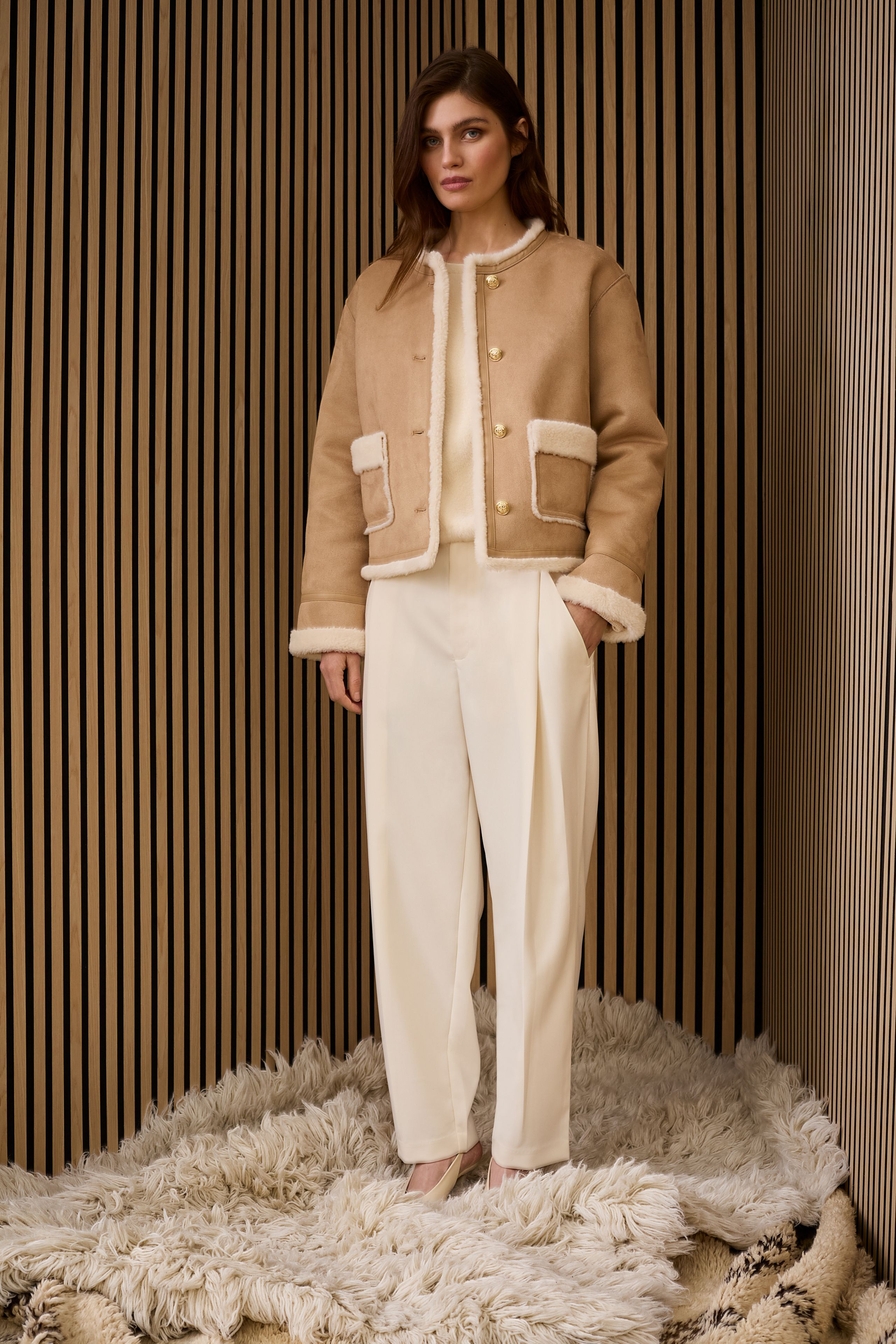 Oui ecru bouclé jumper with drawstring hem Paired with winter tan and cream shearling jacket 