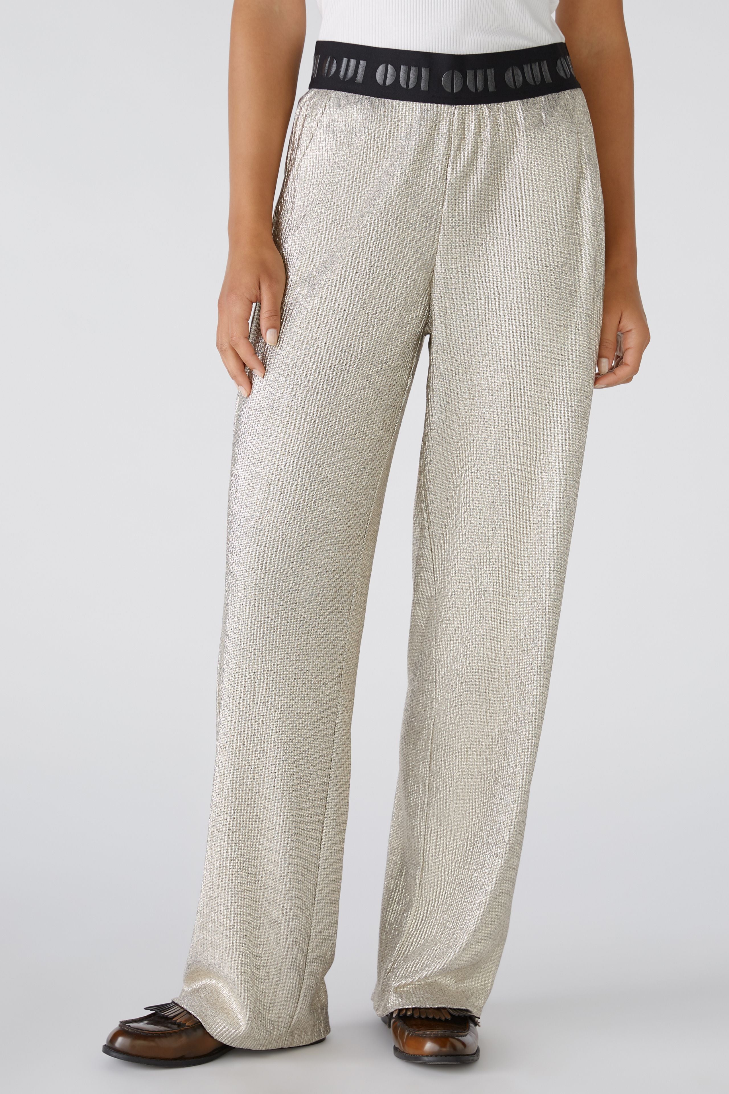 Oui Metallic Look Flowy Jersey Trousers With Elastic Waist