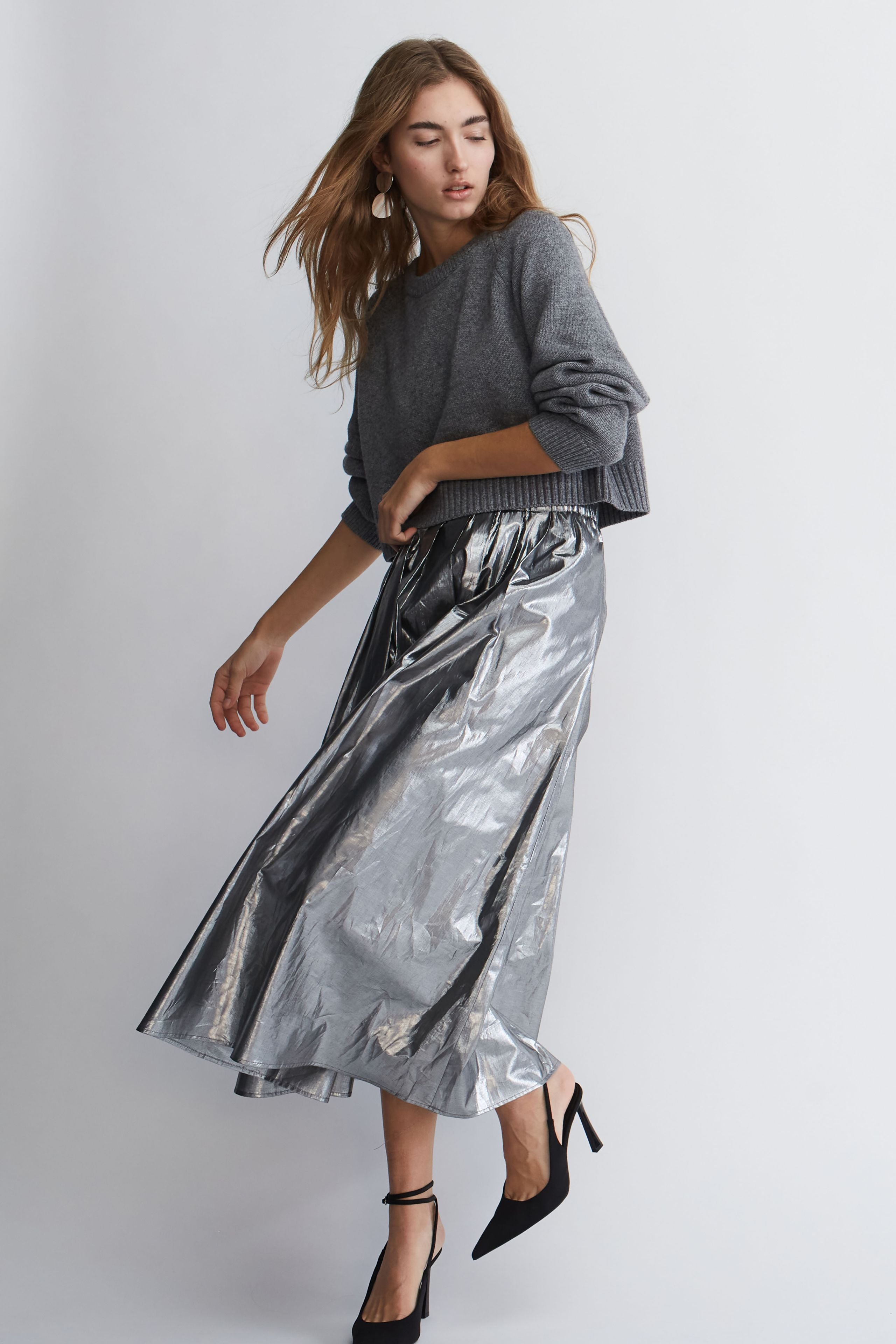 Oui Silver Cotton Taffeta Volumous Midi Skirt