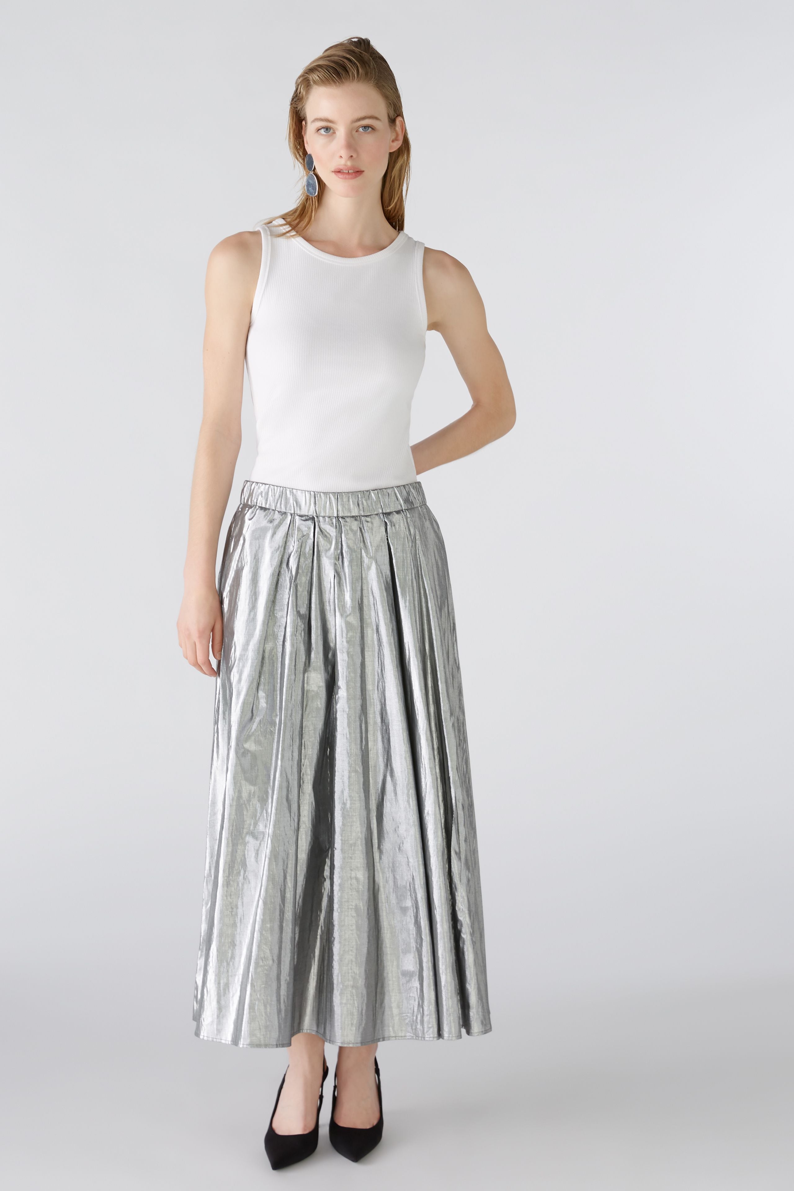 Oui Silver Cotton Taffeta Volumous Midi Skirt