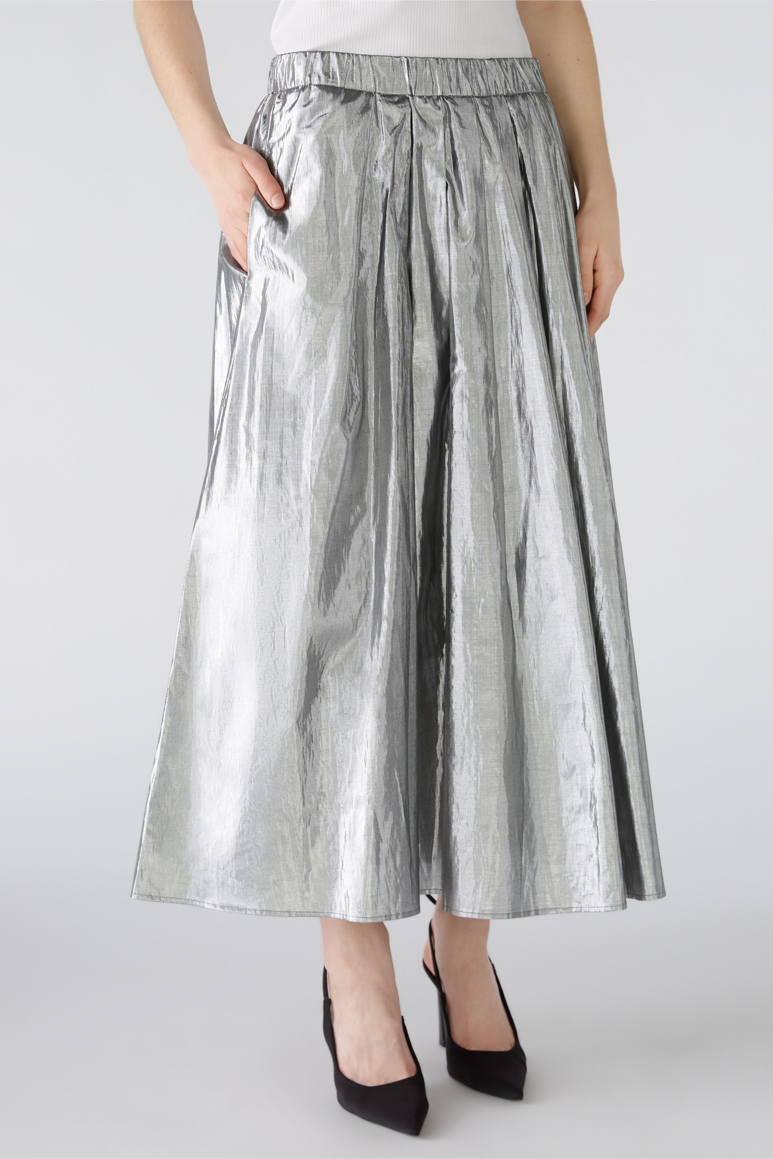 Oui Silver Cotton Taffeta Midi Skirt With Pockets