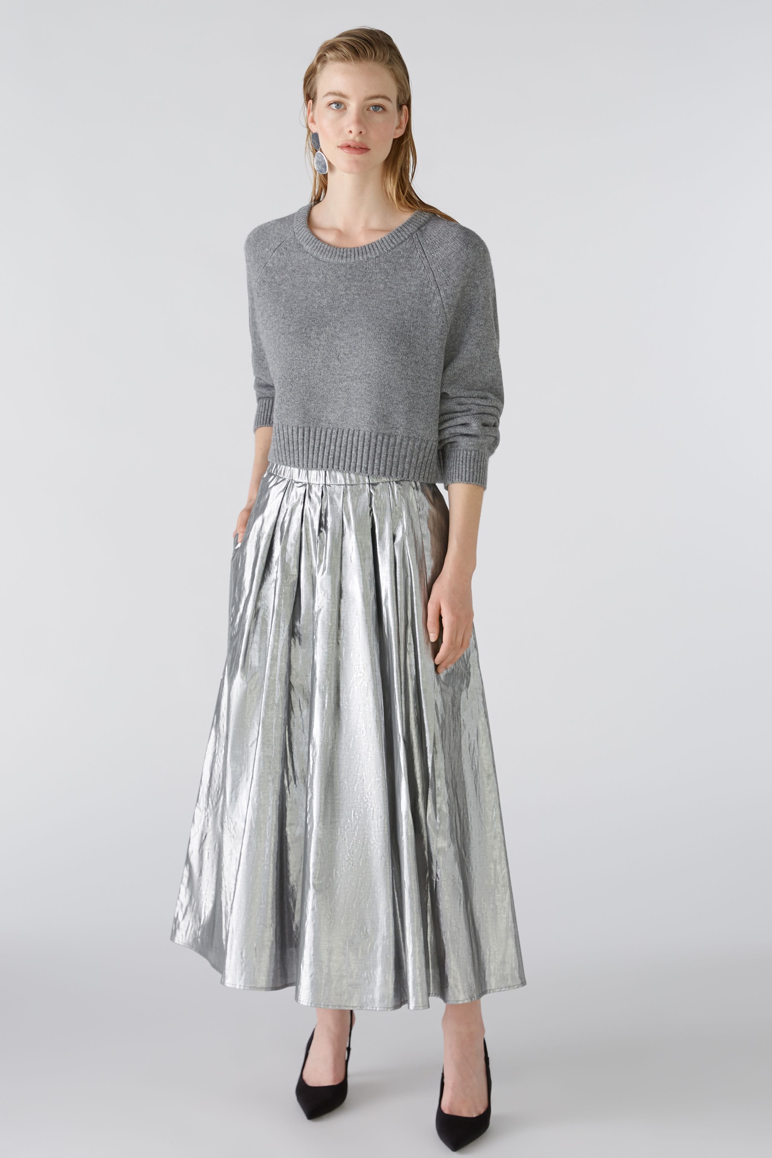 Oui Silver Cotton Taffeta  Midi Skirt