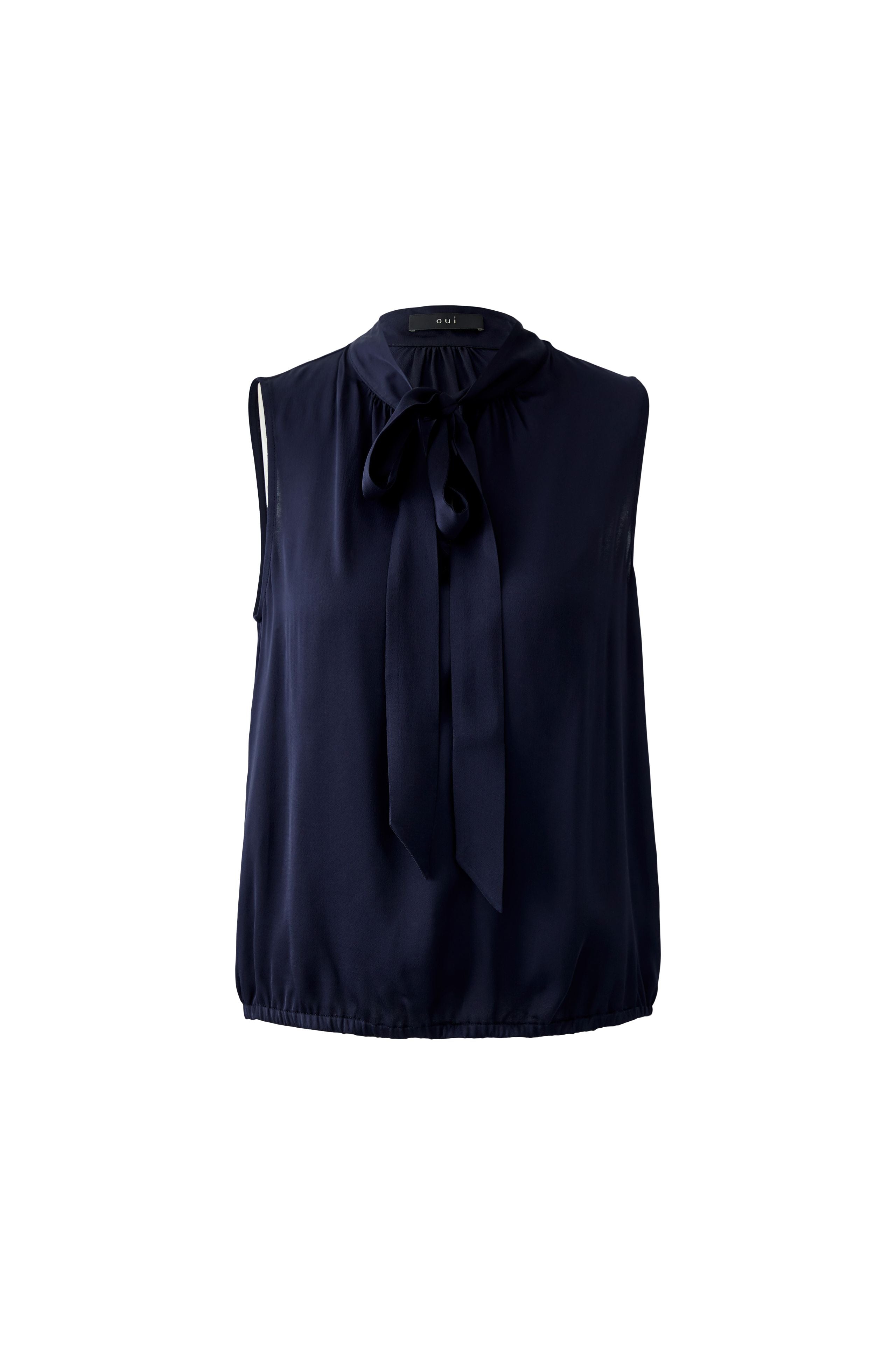 Oui navy satin blouse with pussy bow neckline and relaxed silhouette