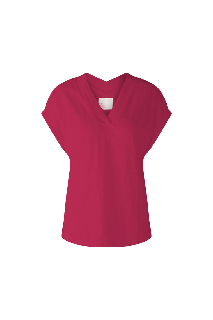 Oui Pink Linen V-Neck Jersey T-shirt With short Sleeves
