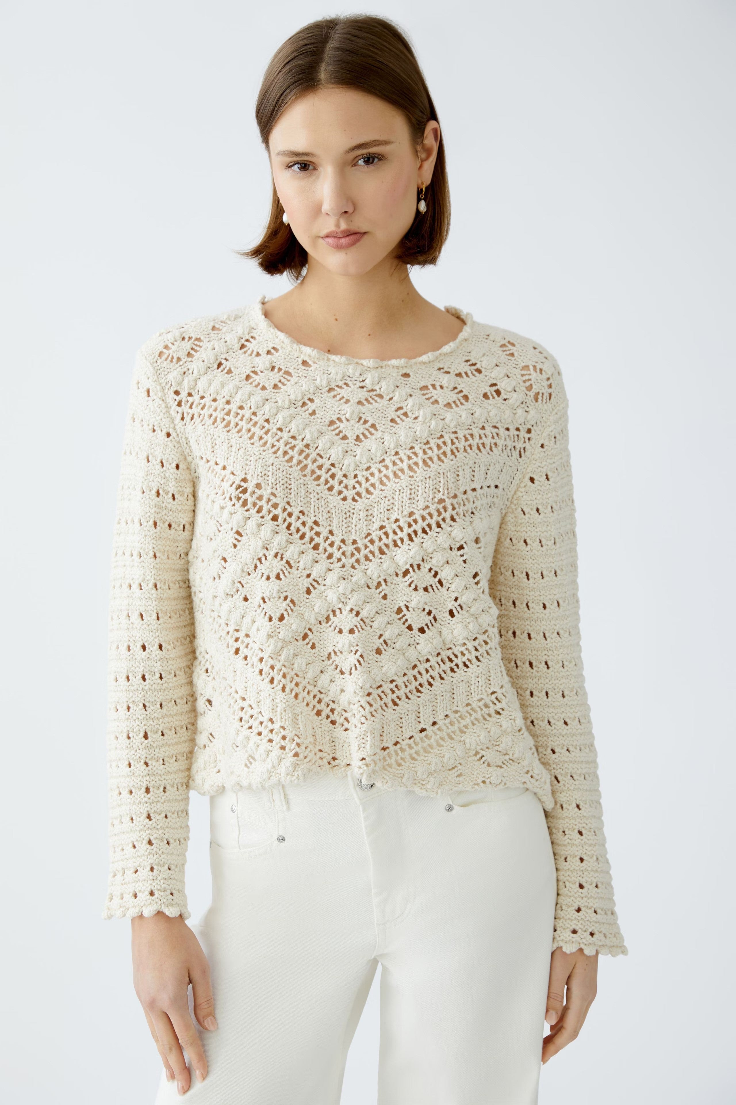 Oui Gardenia Cream Long Sleeve Crochet Jumper