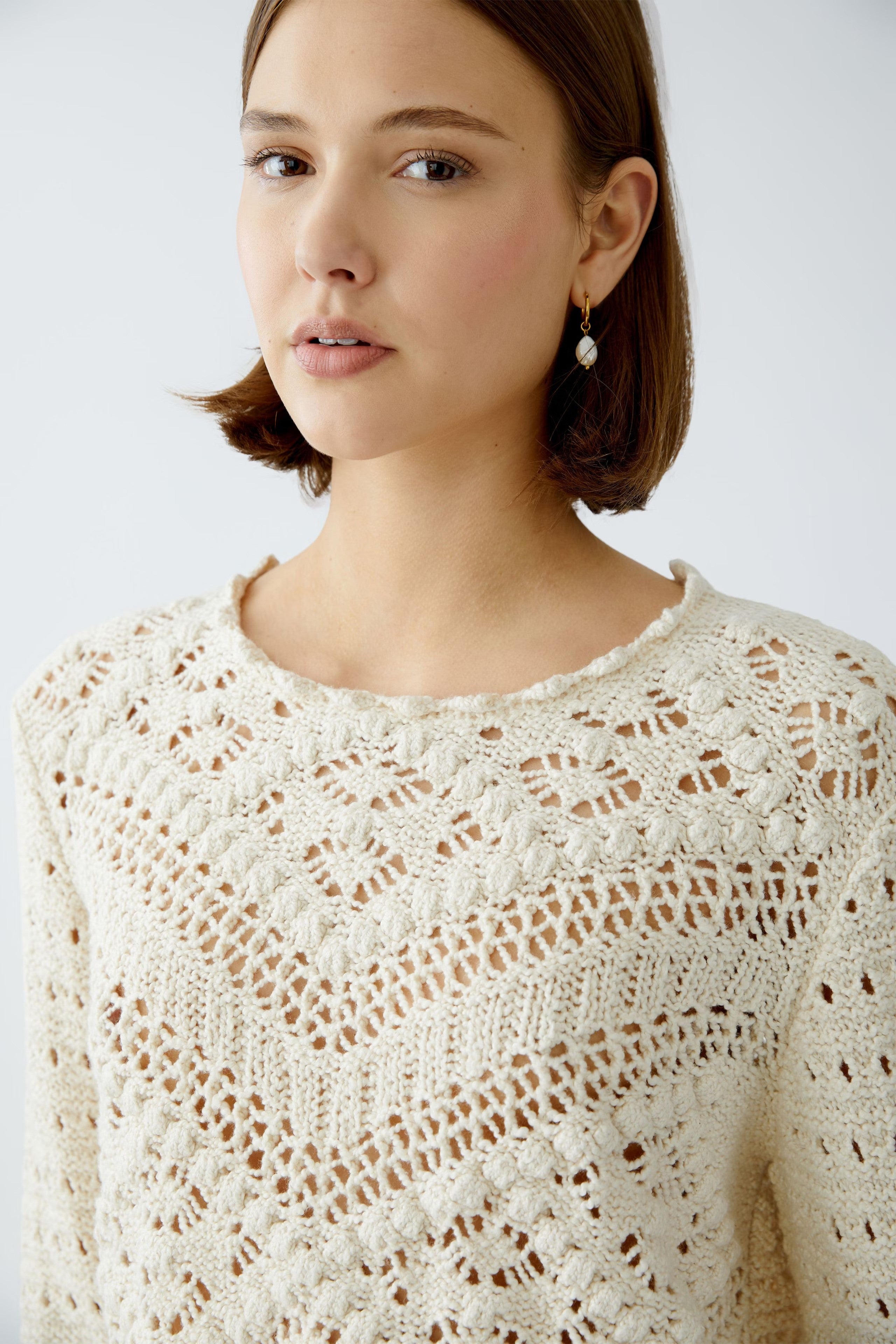 Oui Gardenia Cream Long Sleeve Crochet Knit