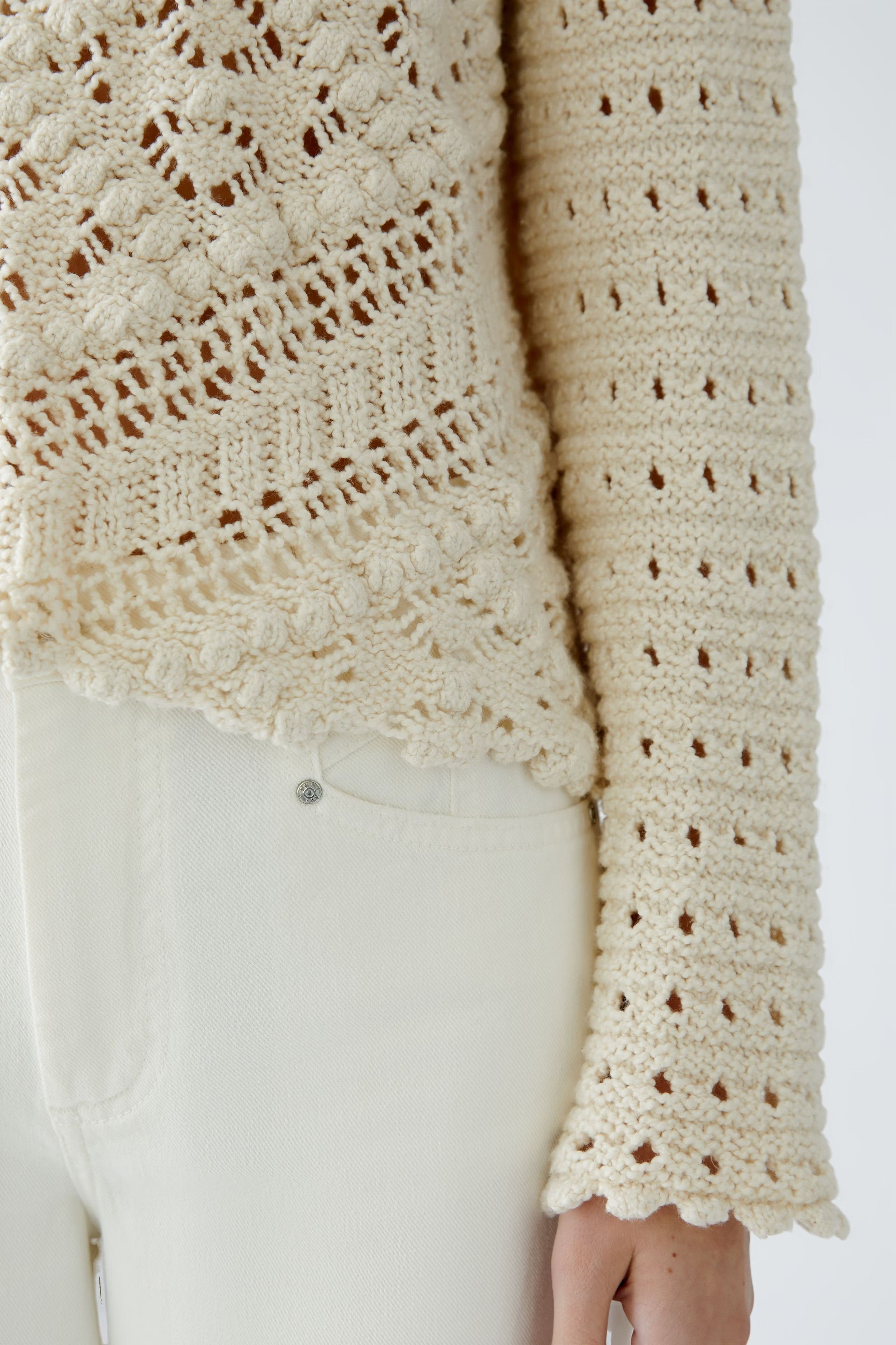 Oui Gardenia Cream Crochet Top With Long Sleeves 