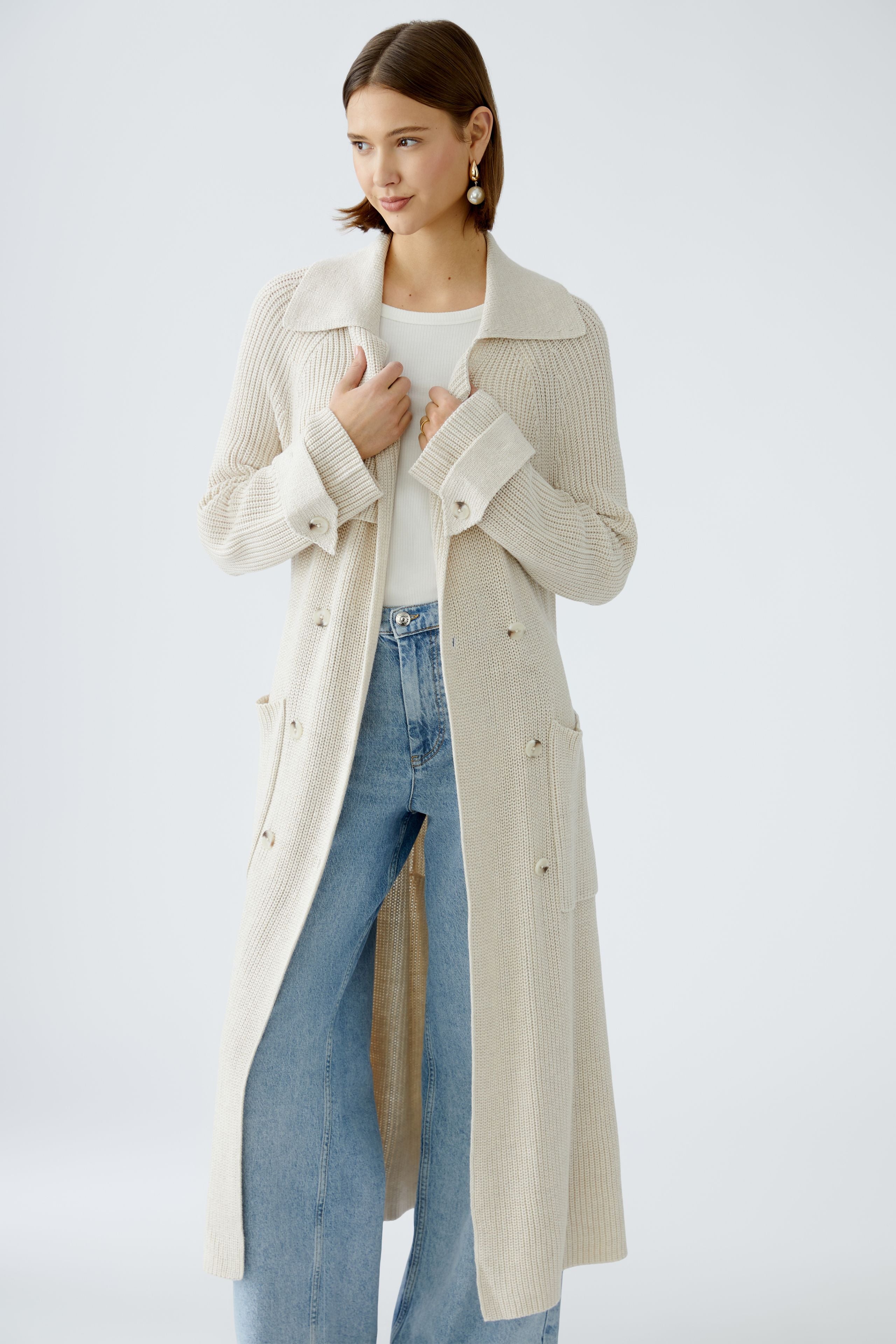 Oui Beige Knitted Long Trench Style Coatigan