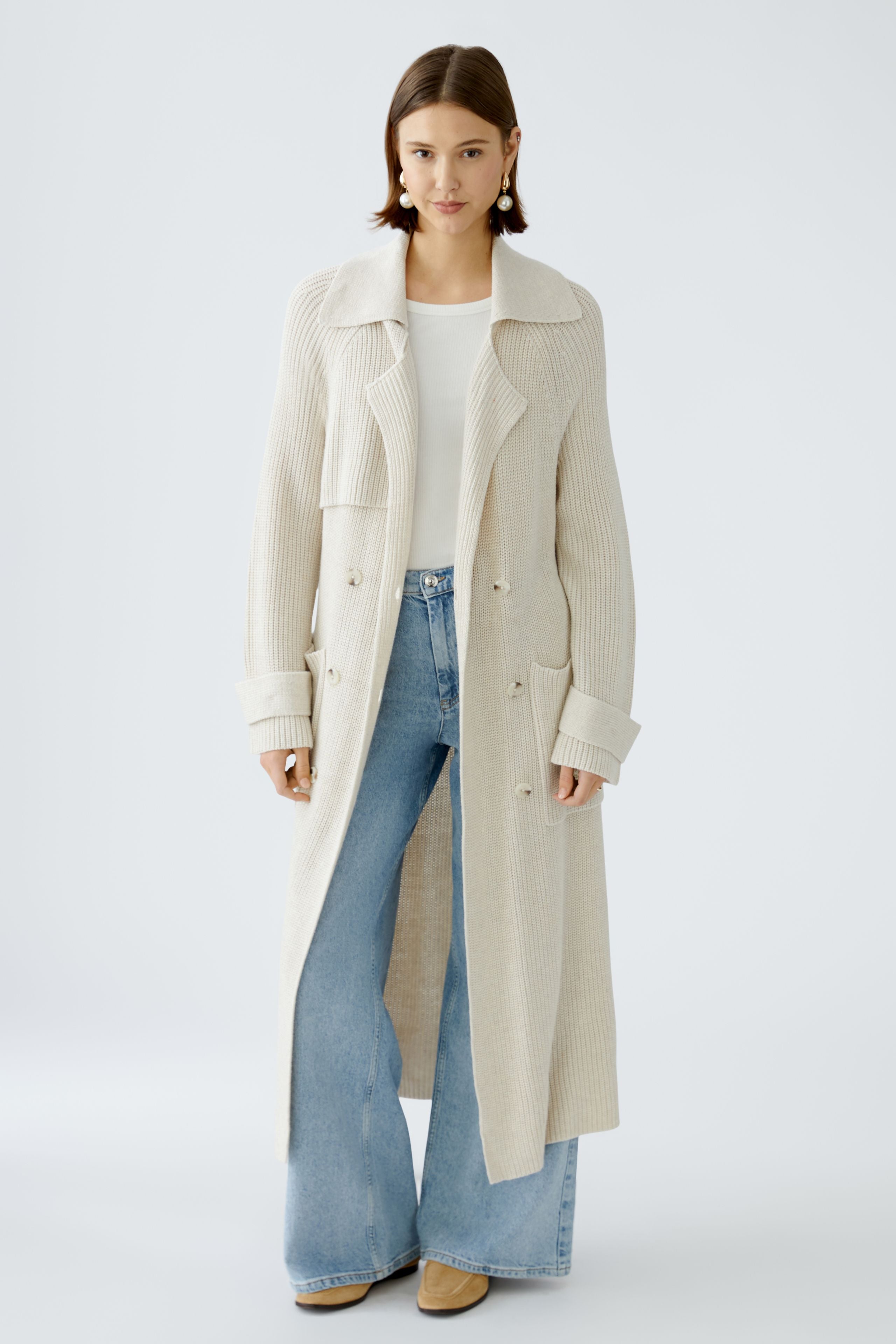 Oui Cream Knitted Long Trench Style Coatigan