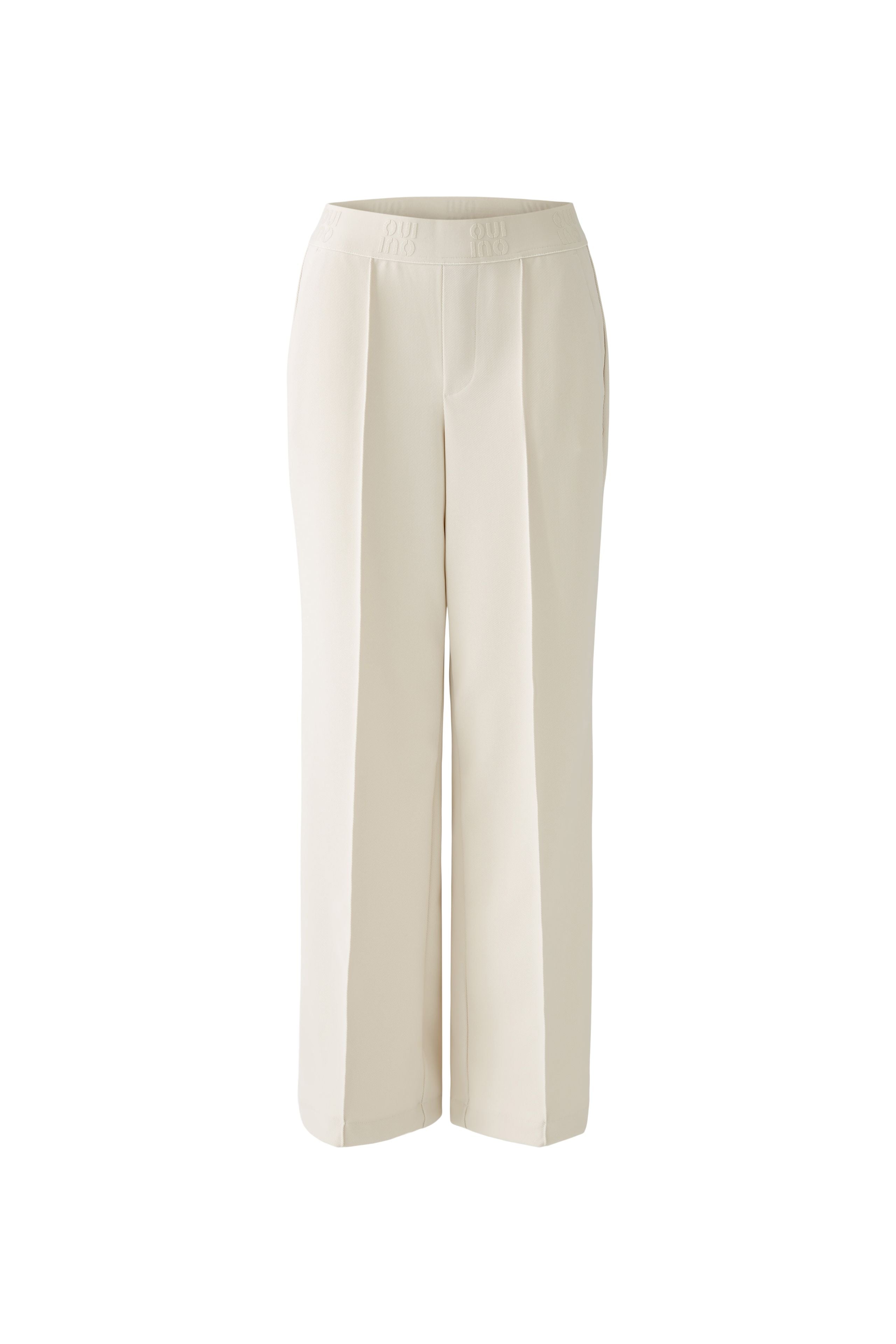 Oui Cream Smart Jersey Trousers With Elastic Logo Waistband