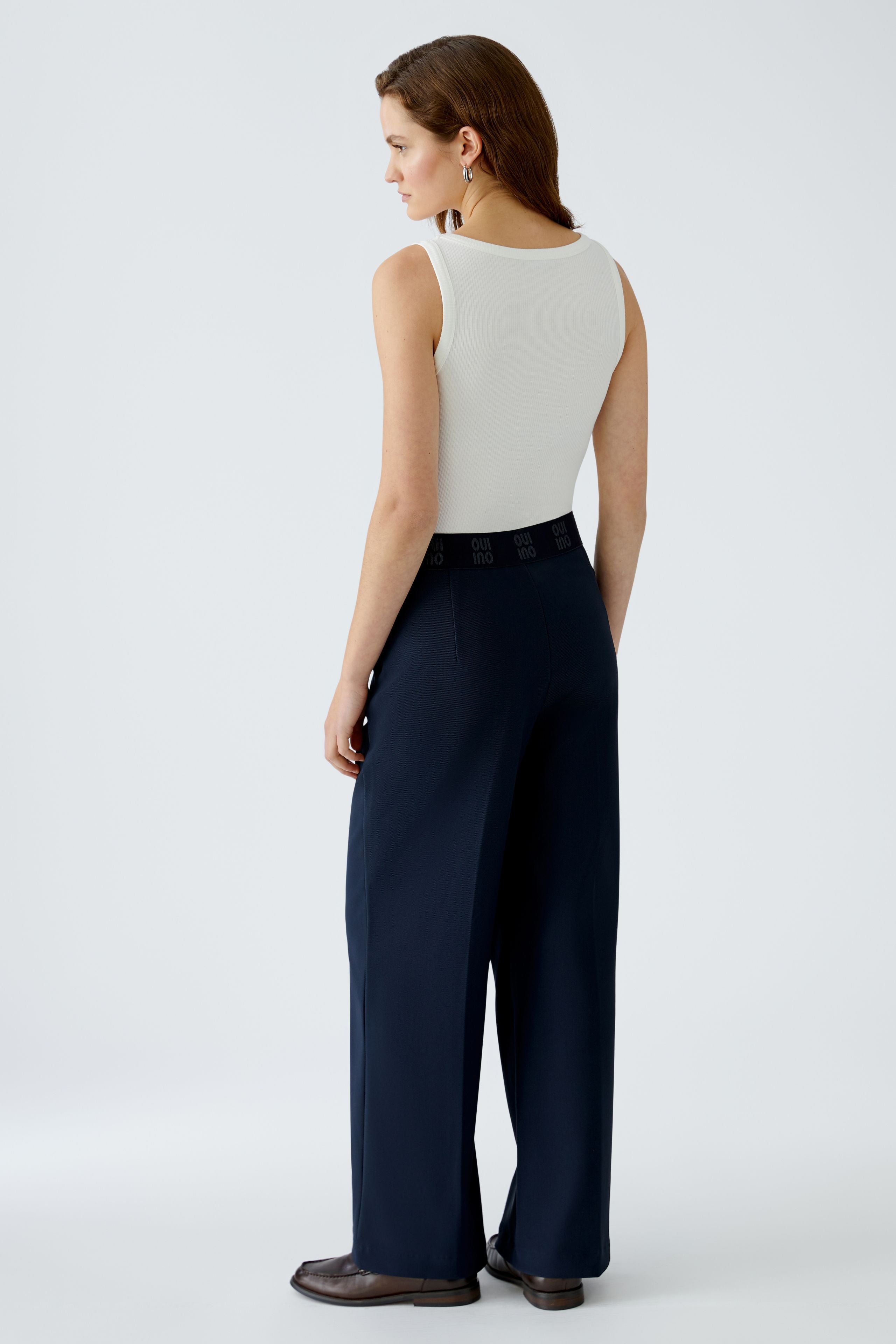 Oui Navy Smart Jersey Trousers With Elastic Logo Waistband From Back