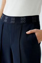 Oui Navy Smart Jersey Trousers With Elastic Logo Waistband