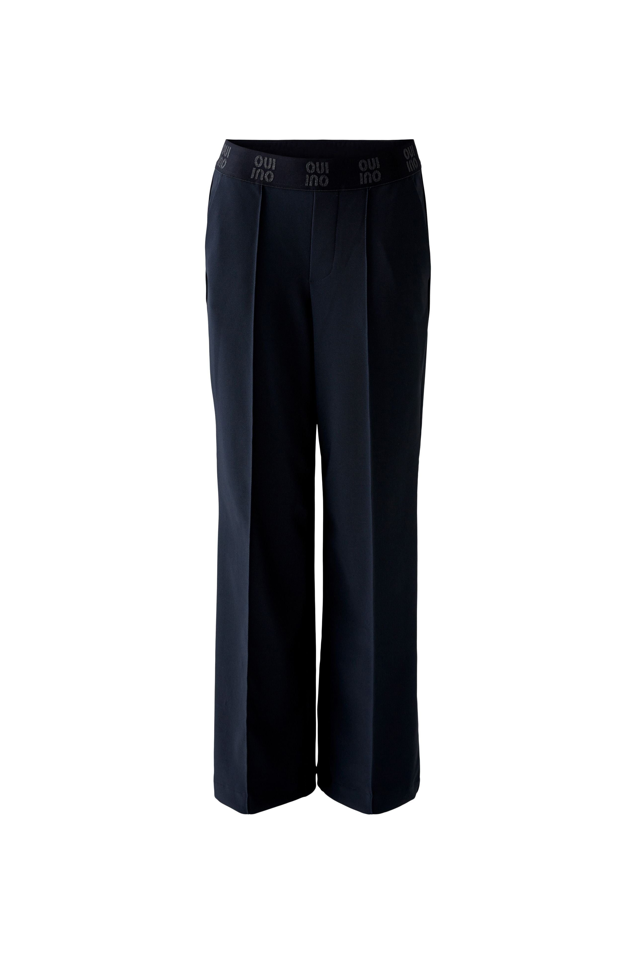 Oui Navy Smart Seamed Jersey Trousers With Elastic Logo Waistband