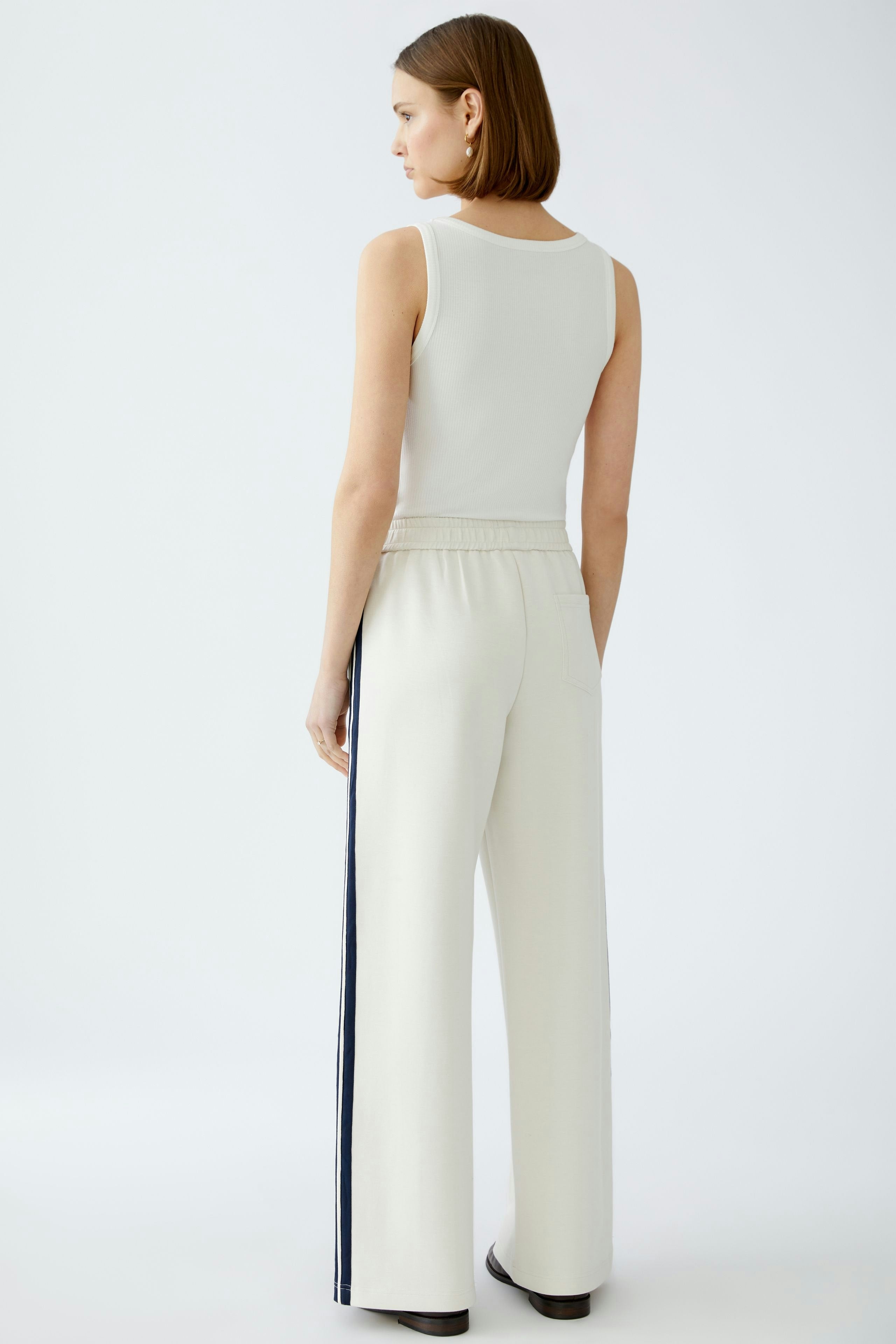 Oui Off White Pull On Trousers With Sporty Stripe From Back 