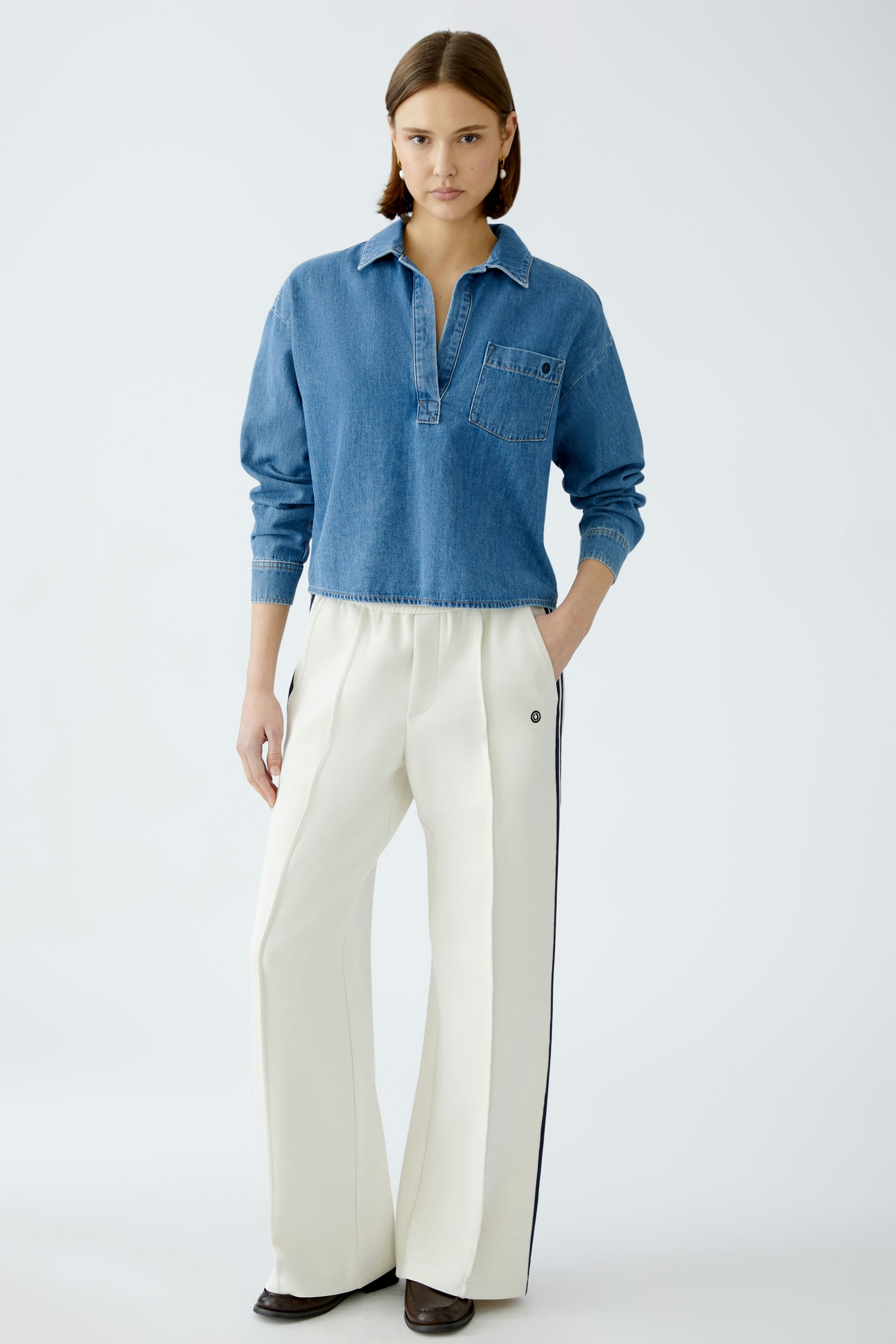 Oui Off White Pull On Trousers With Sporty Stripe