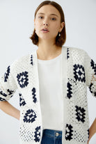 Oui White/Navy Crochet Waterfall Cardigan