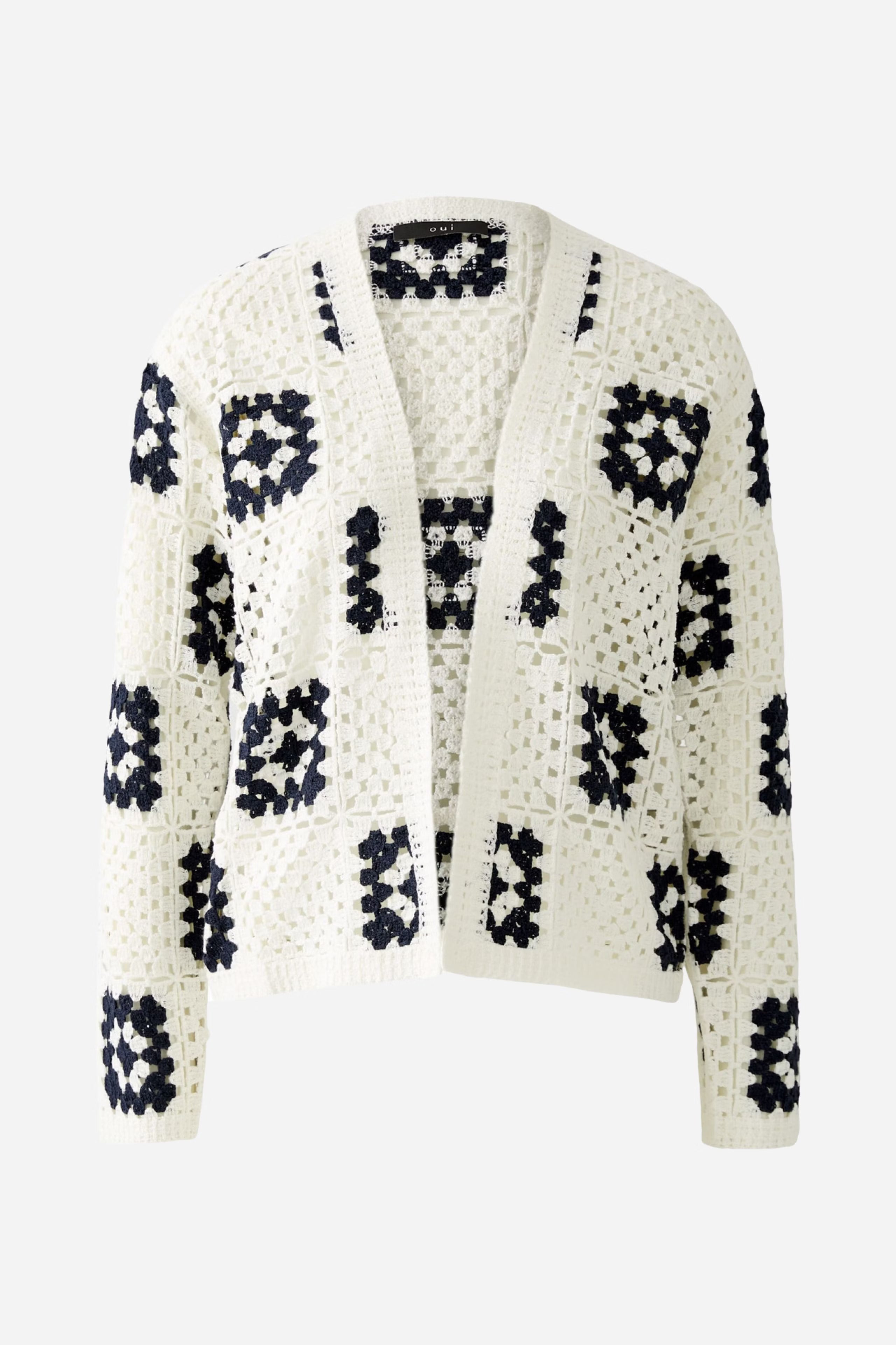 Oui White/Navy Crochet Cardigan Front 