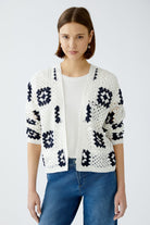 Oui White/Navy Crochet Cardigan