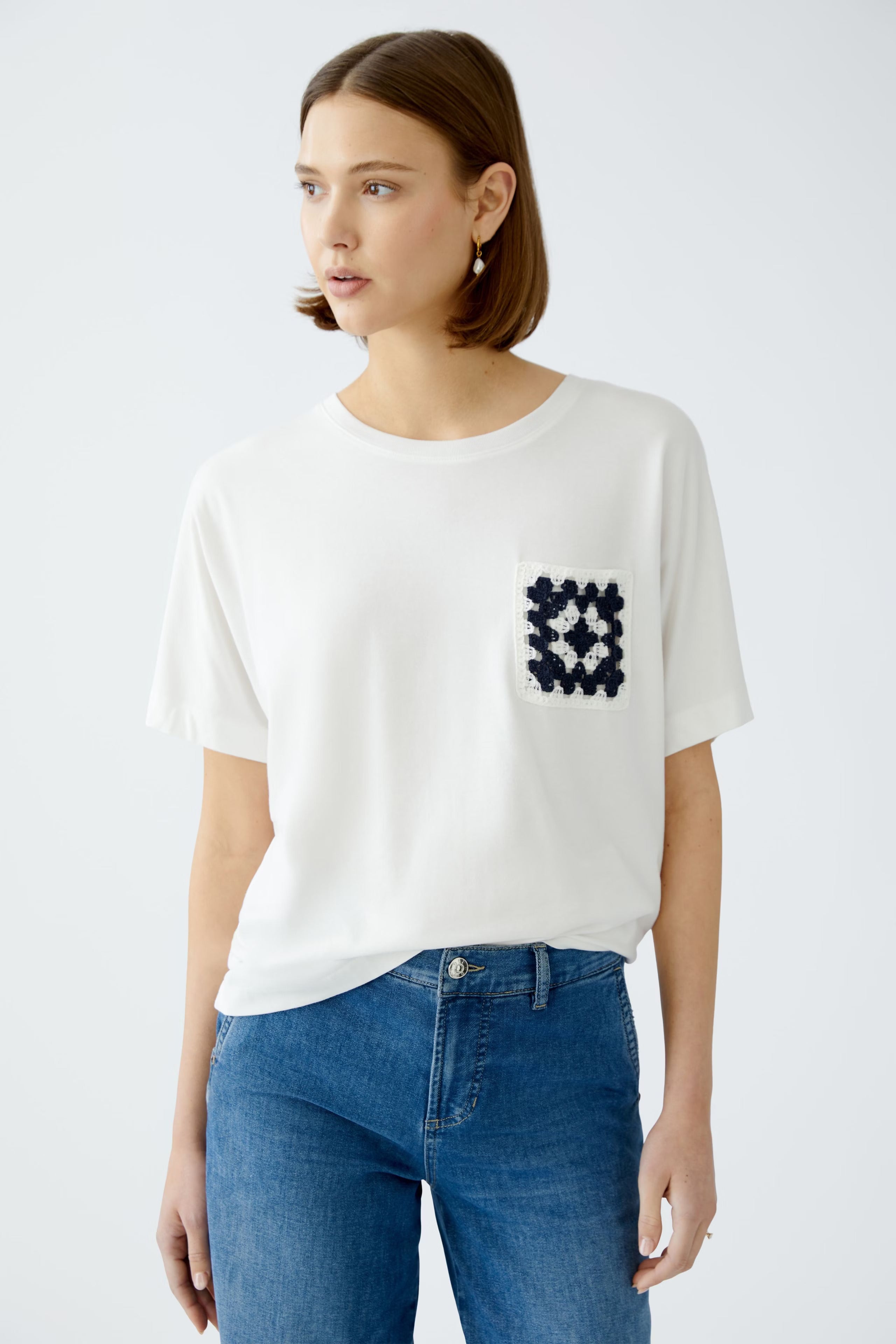 Oui White T-Shirt With Crochet Pocket