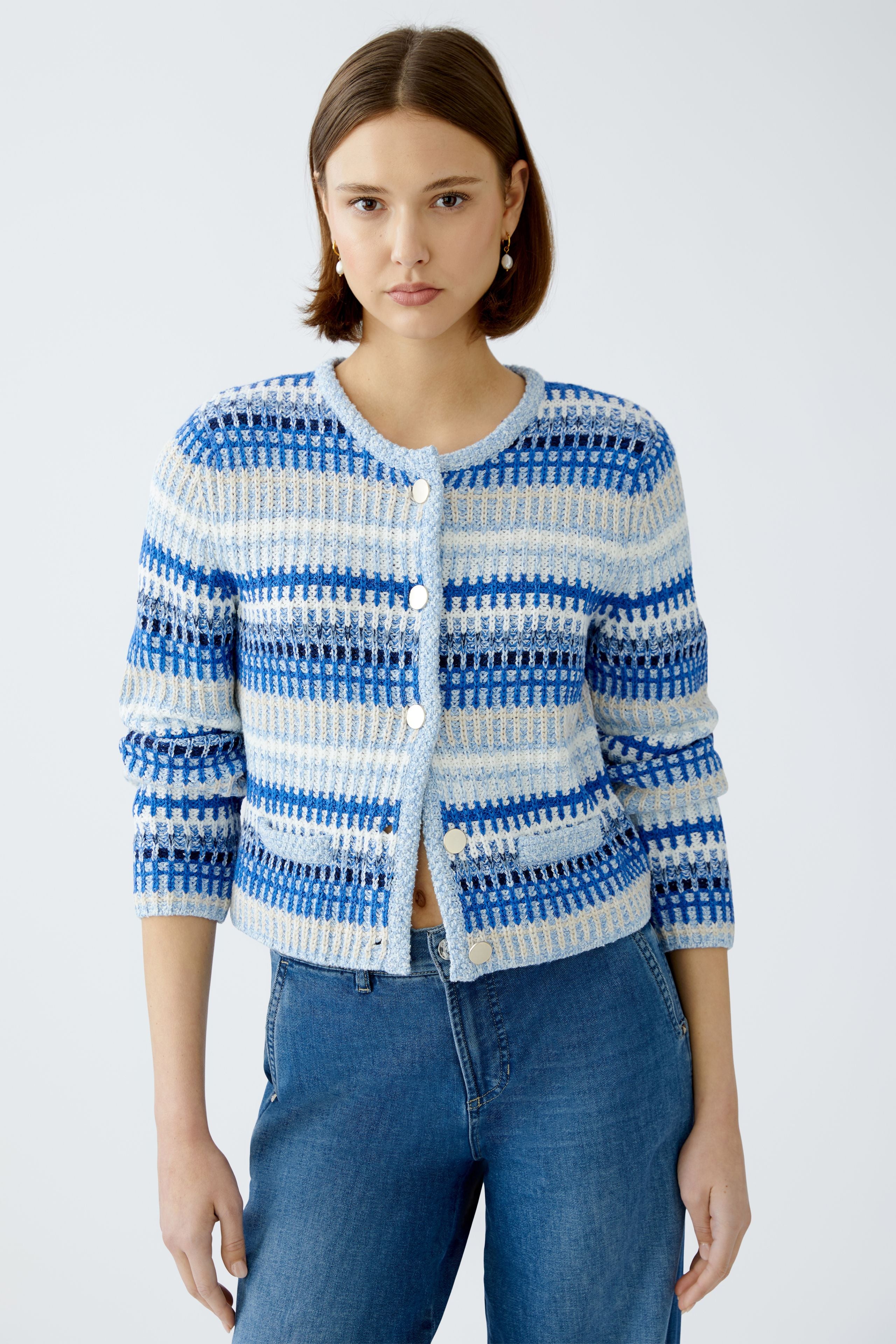 Oui Blue Boucle Cardigan With Decorative Buttons