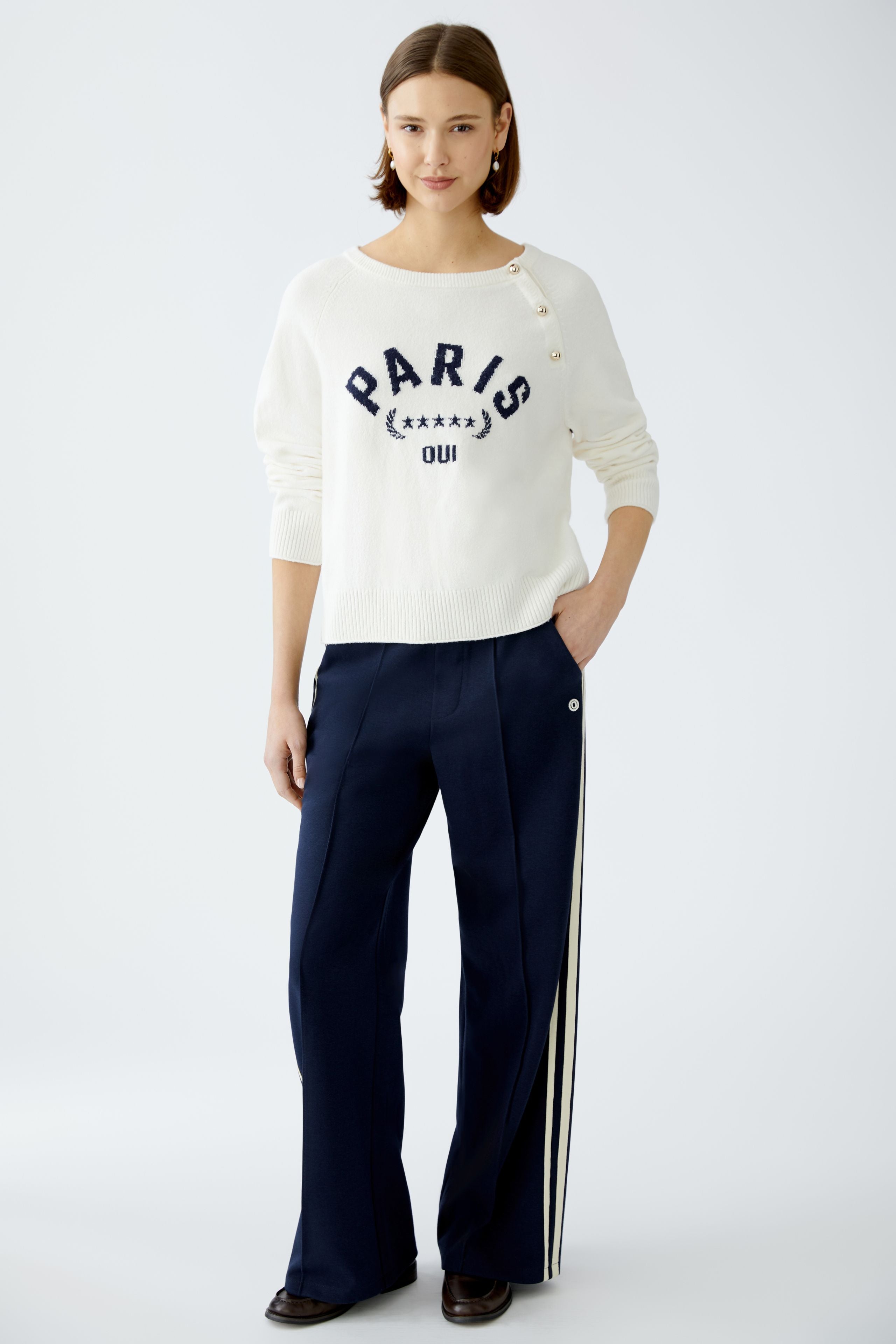 Oui Paris Off-White Cotton Blend Jumper With Button Detail