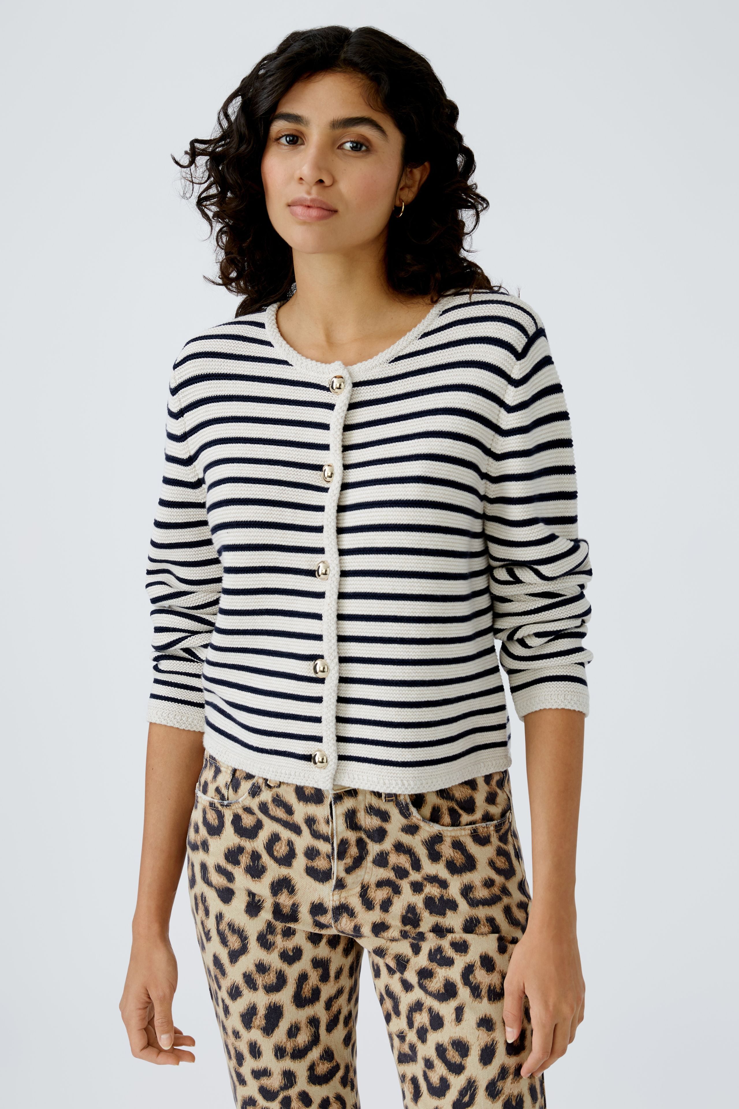 Oui `Navy/Cream Striped Jersey Cardigan