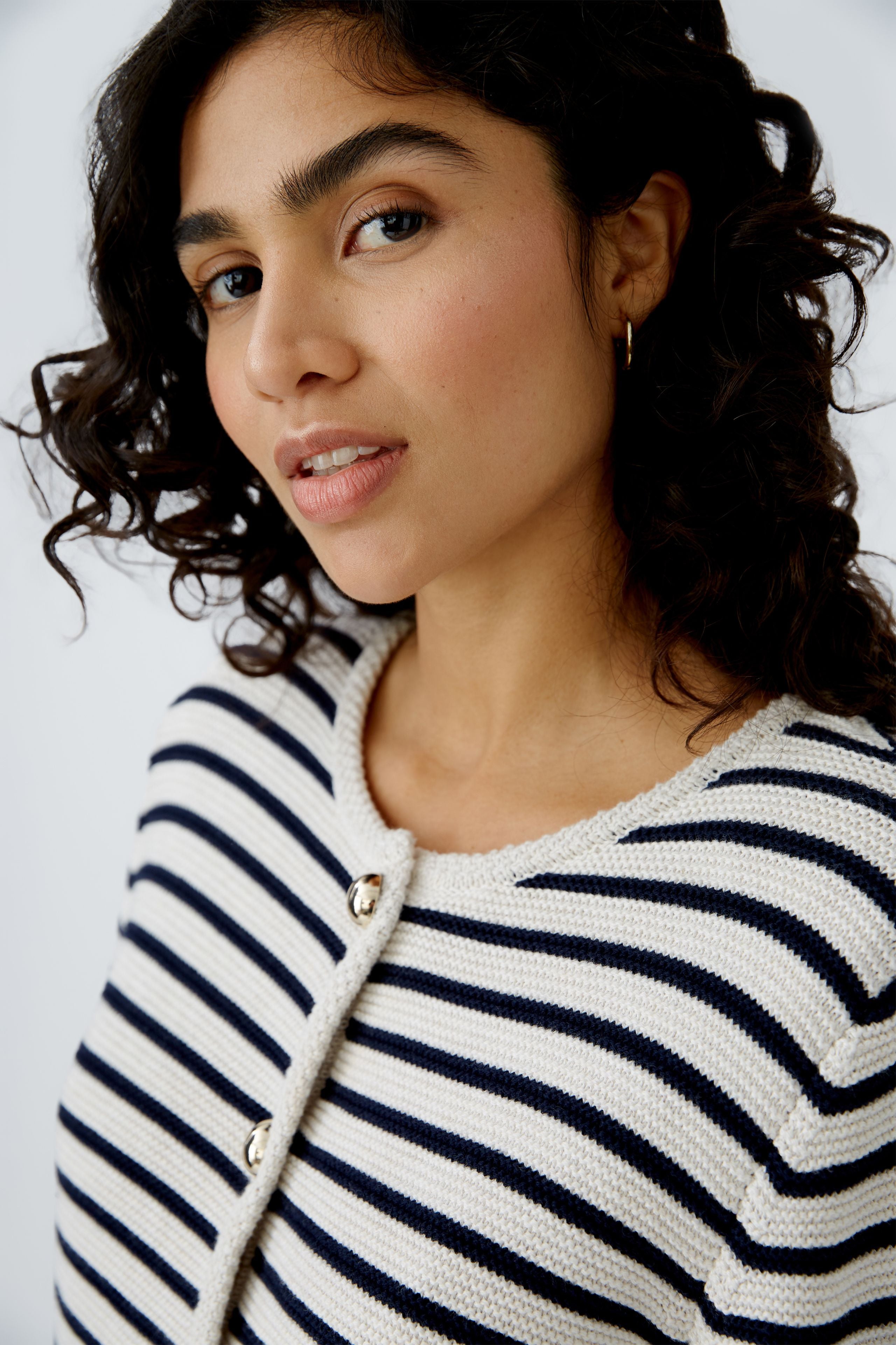 Oui `Navy/Cream Striped Crew Neck Jersey Cardigan