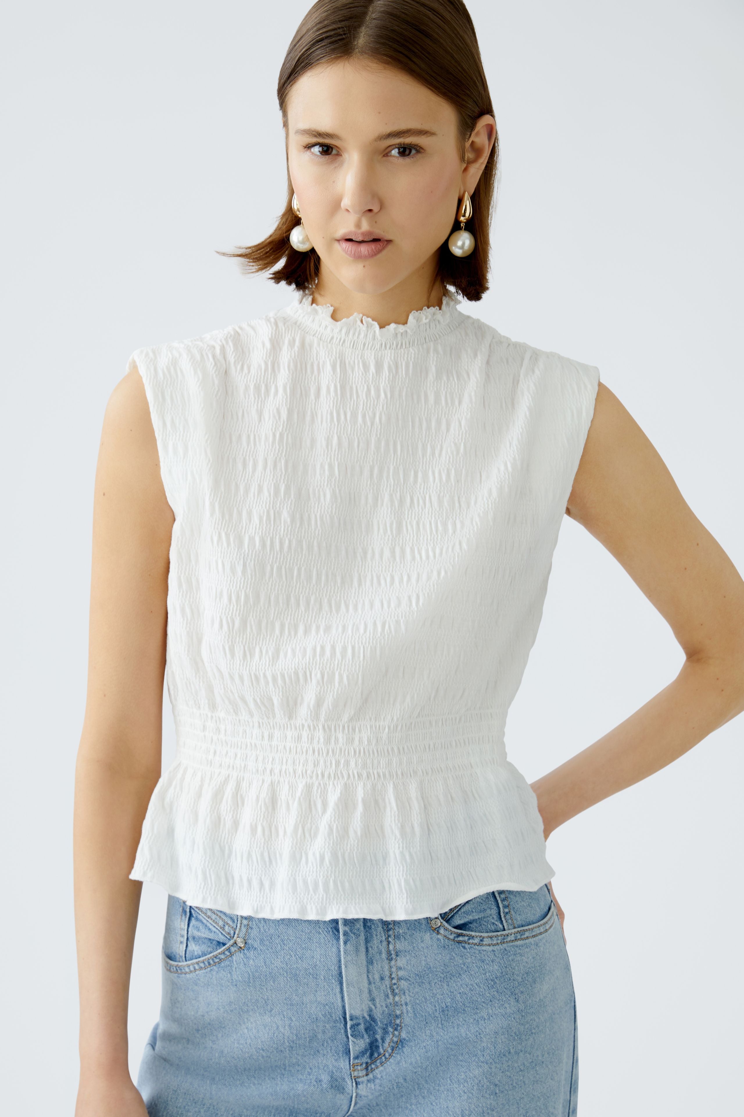 Oui White High Neck Peplum Style Top 