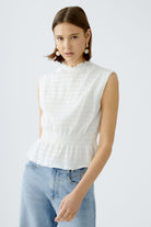 Oui High Neck Peplum Style Top - white 