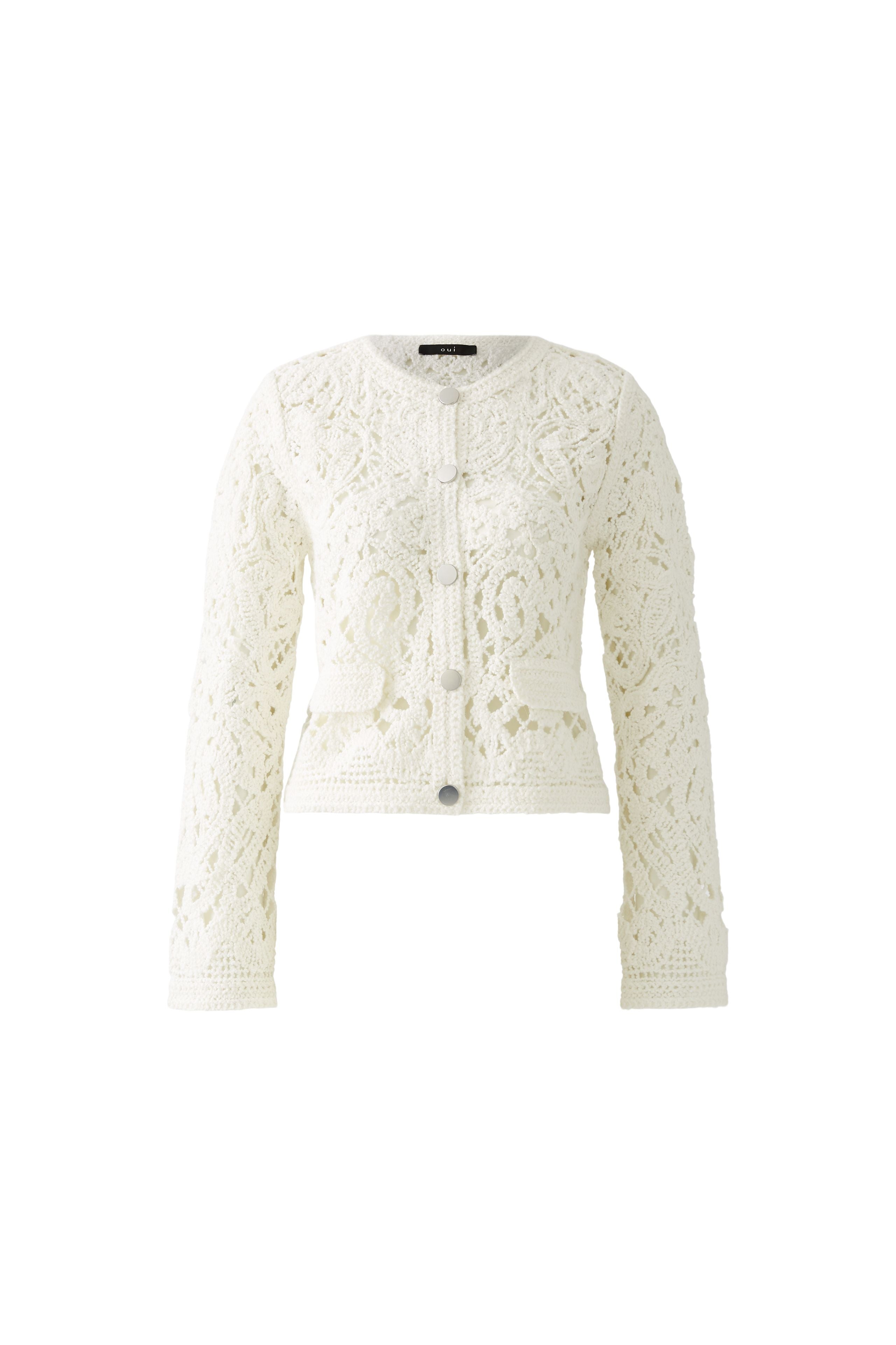 Oui White Round Neck Lace Cardigan