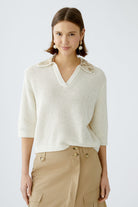 Oui Knitted Cream V-Neck Jumper With Sequin Collar