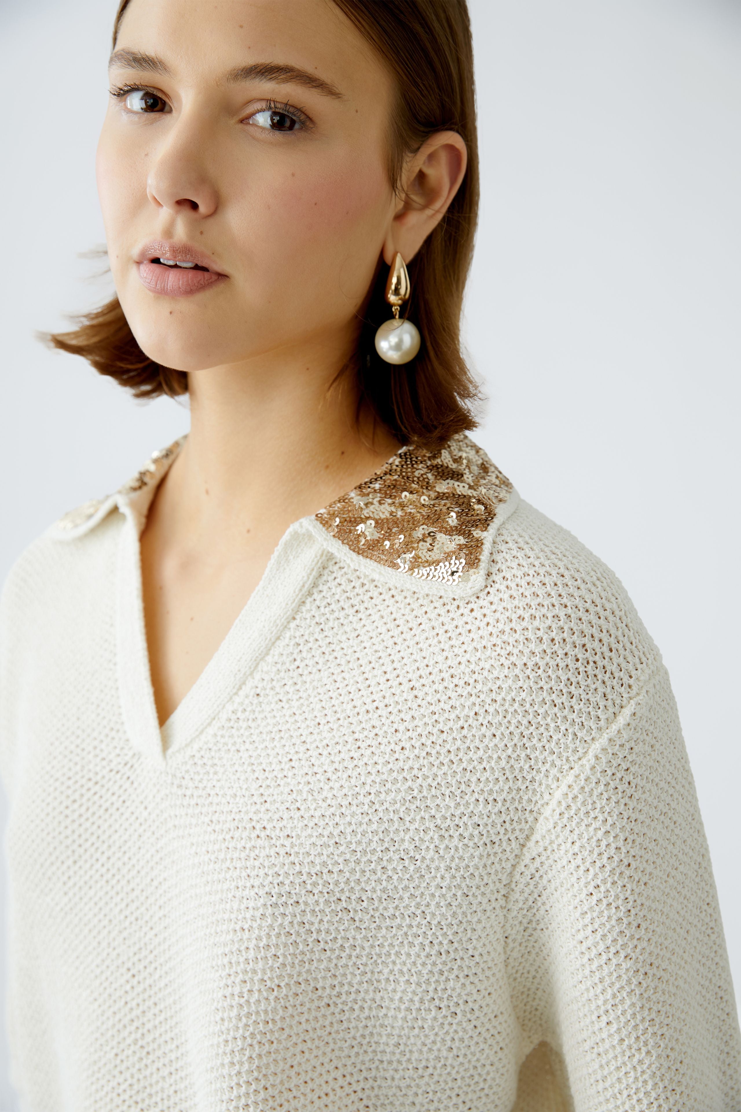 Oui Knitted Cream Short Sleeve Jumper With Sequin Collar