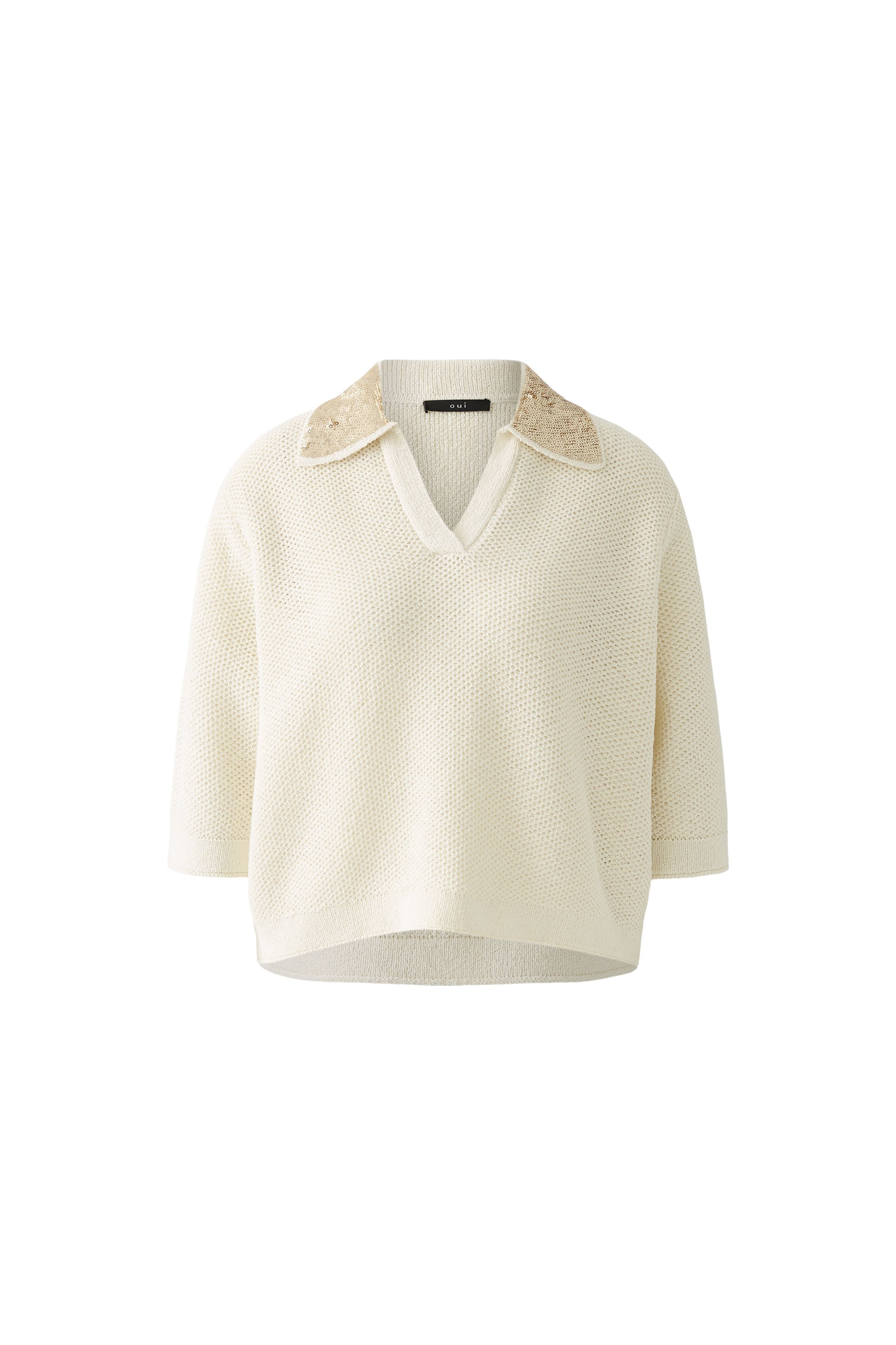 Oui Knitted Cream Sequin Collar Jumper With Short Sleeves 