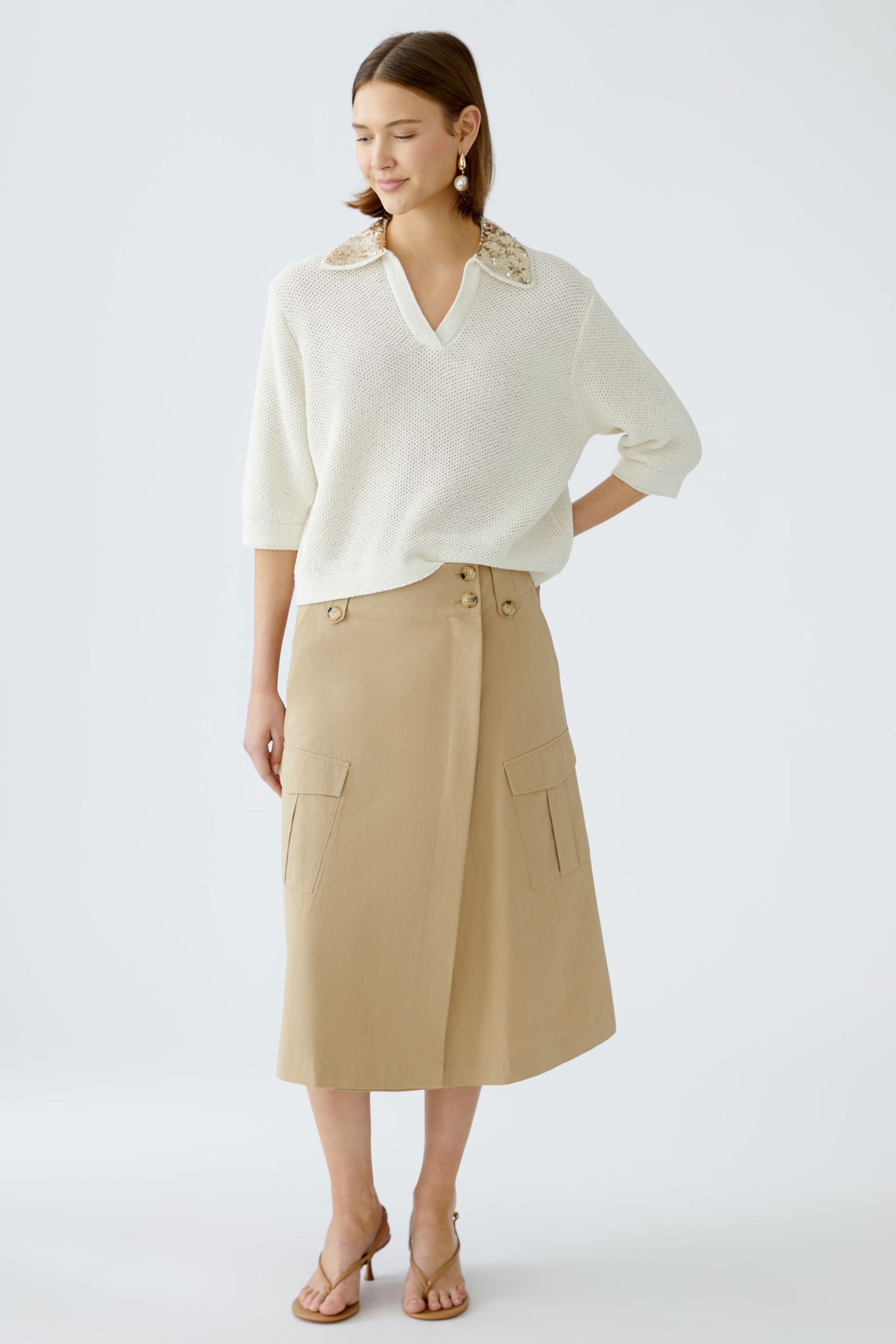Oui Women's Utility Midi Skirt | High-Waisted Cotton Twill
