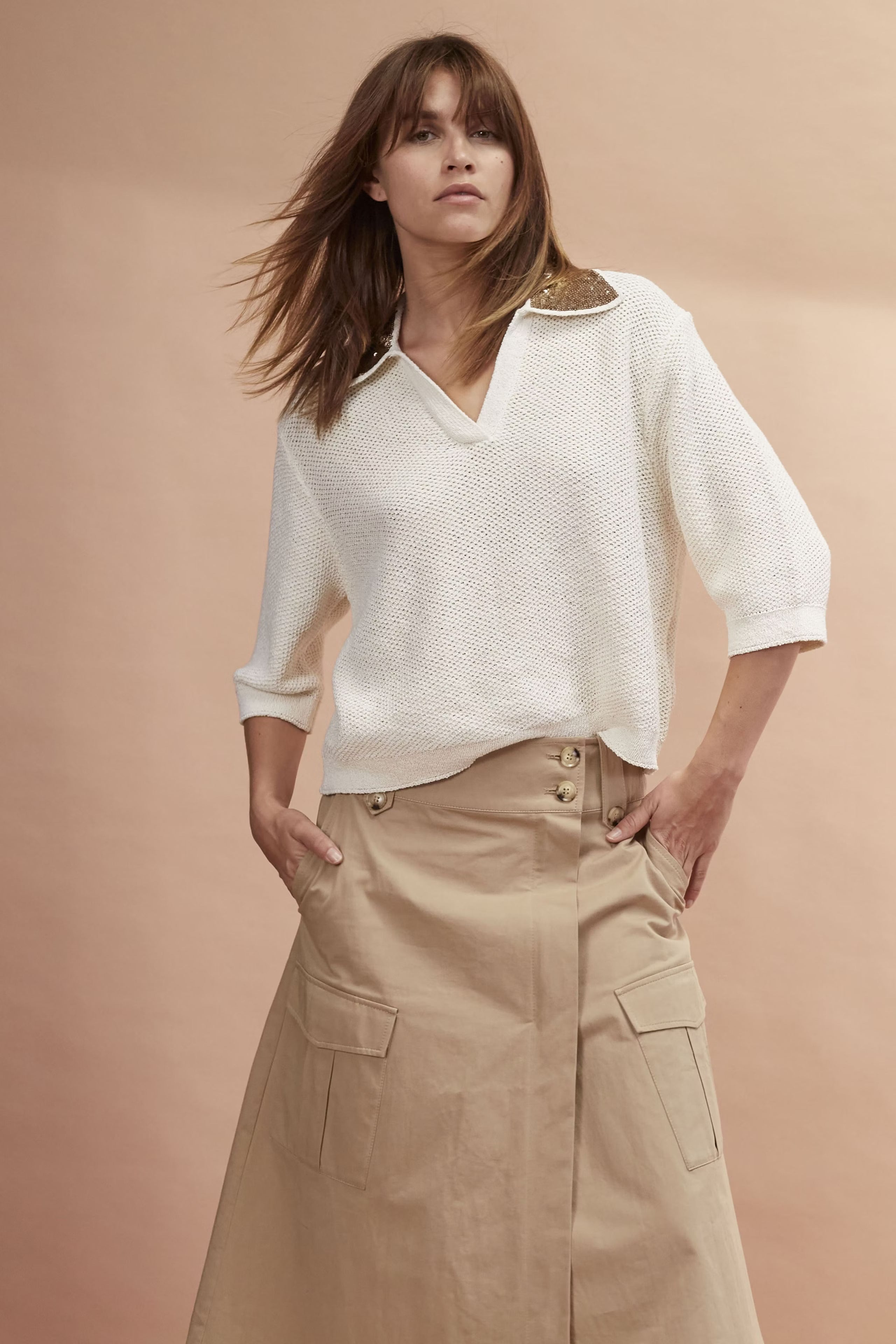 Oui Utility Style Patch Pocket Midi Skirt In Tan 