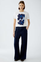 Oui White Crew Neck T-shirt With Blue Flower Motif