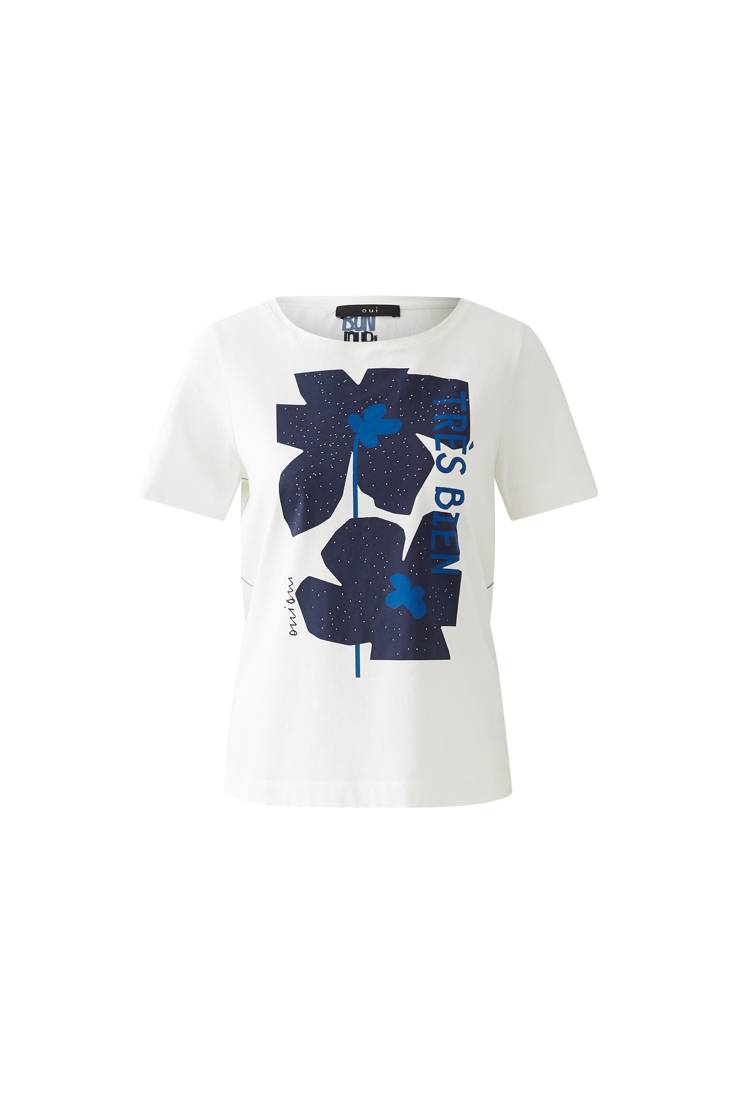 Oui White T-shirt With Blue Flower Motif - front 