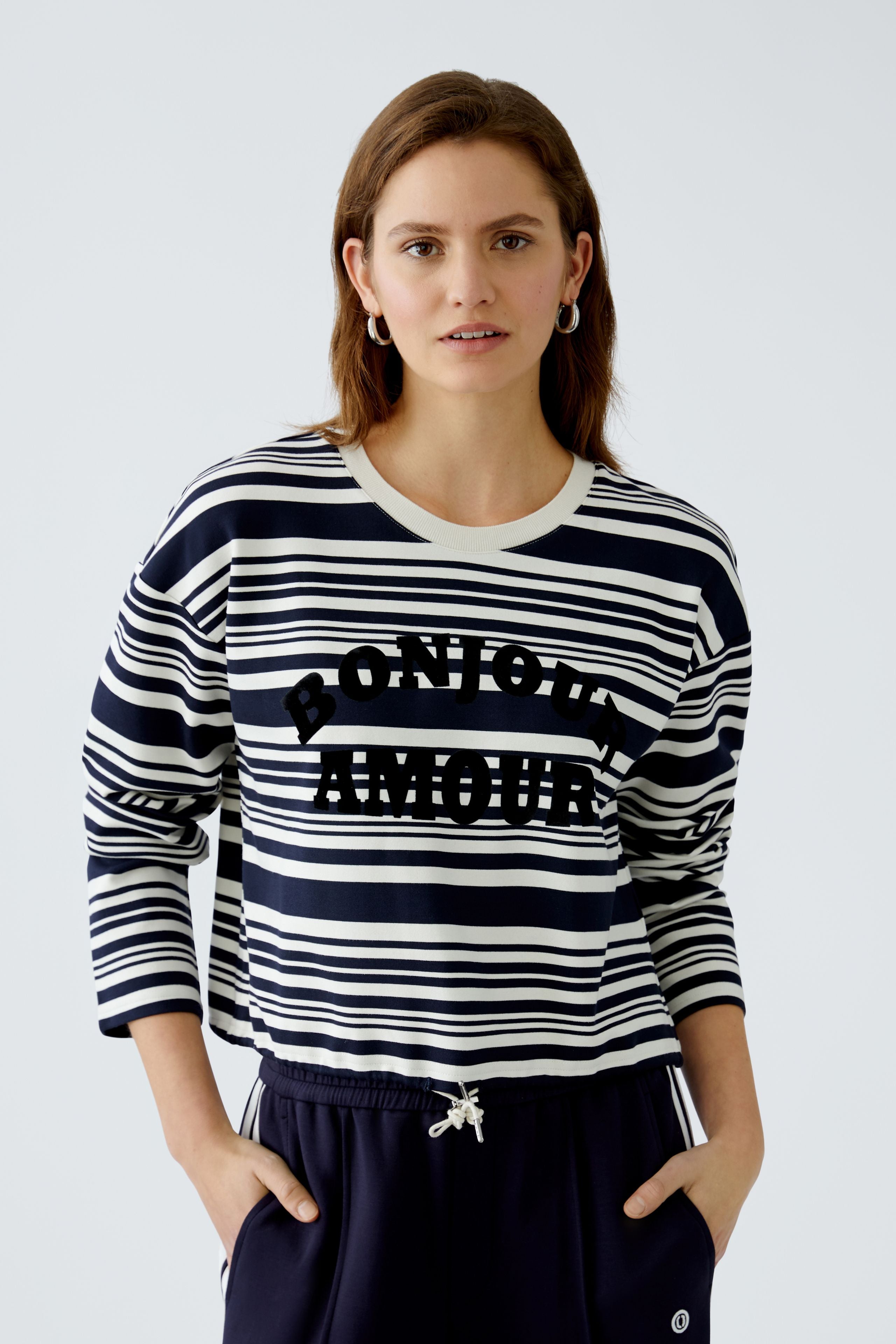 Oui White/Navy Striped Logo Jumper