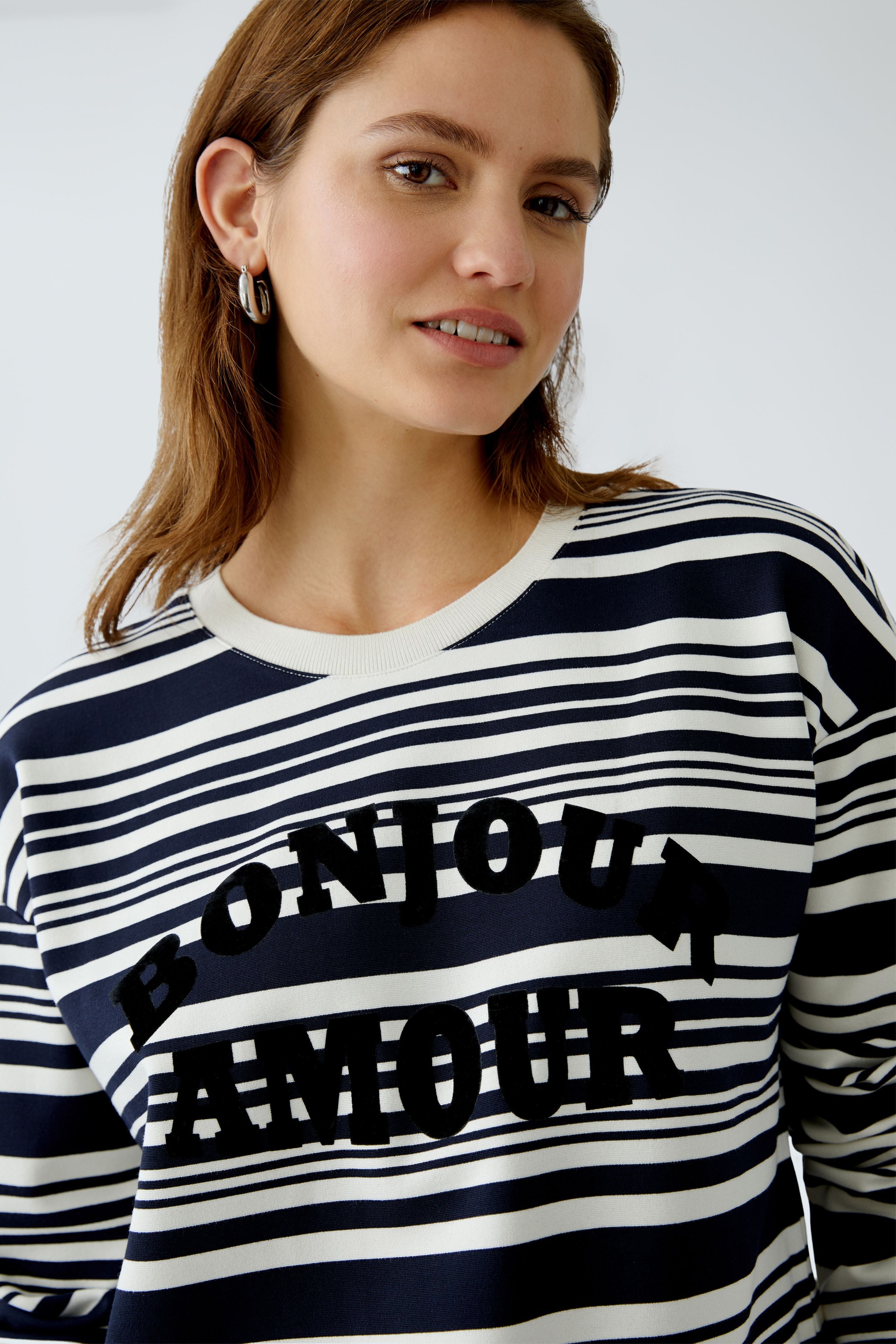 Oui  Bonjour Amour Striped Logo Jumper -  White/Navy