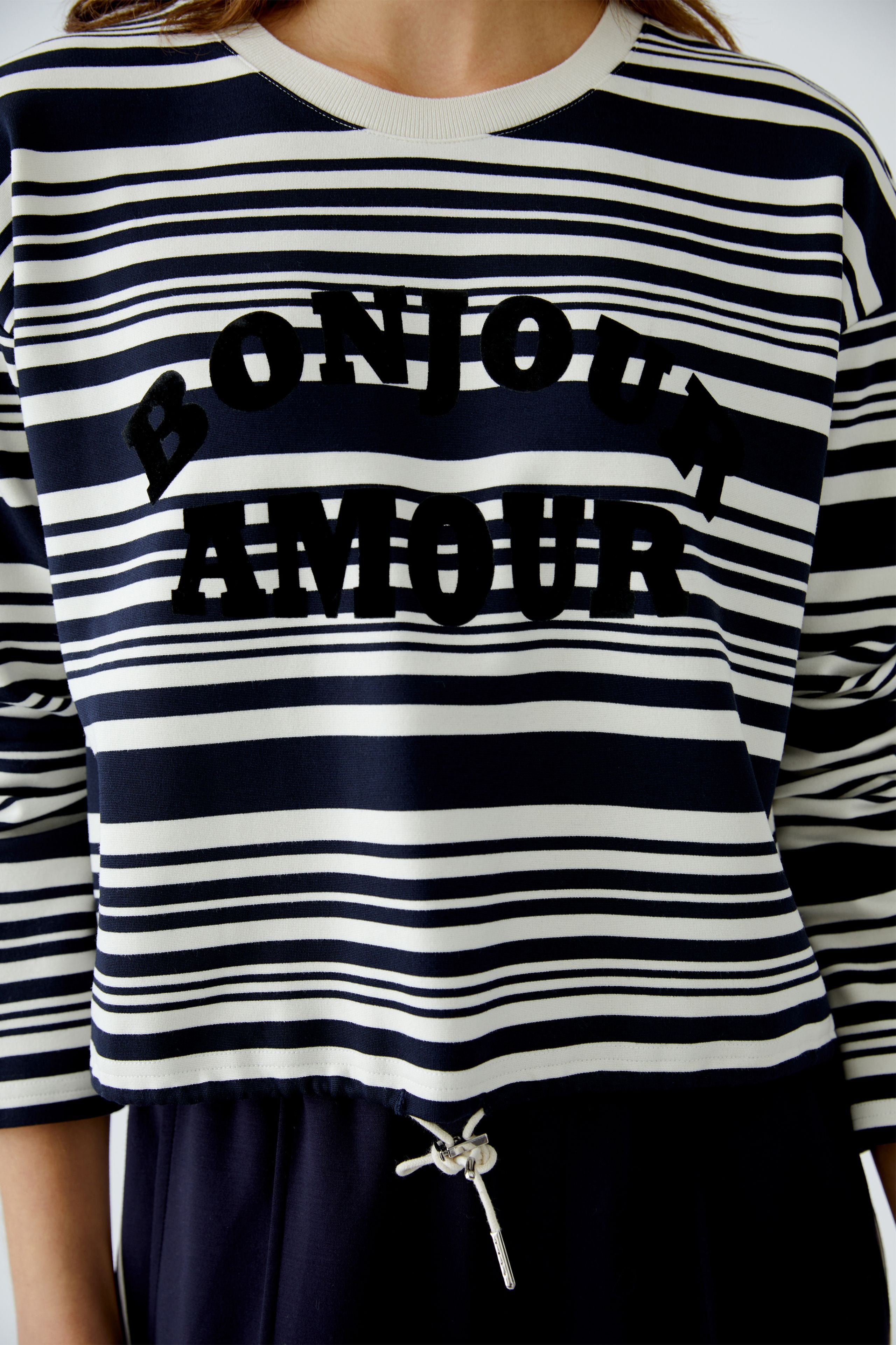 Oui  Bonjour Amour Striped Logo Jumper in White and Navy