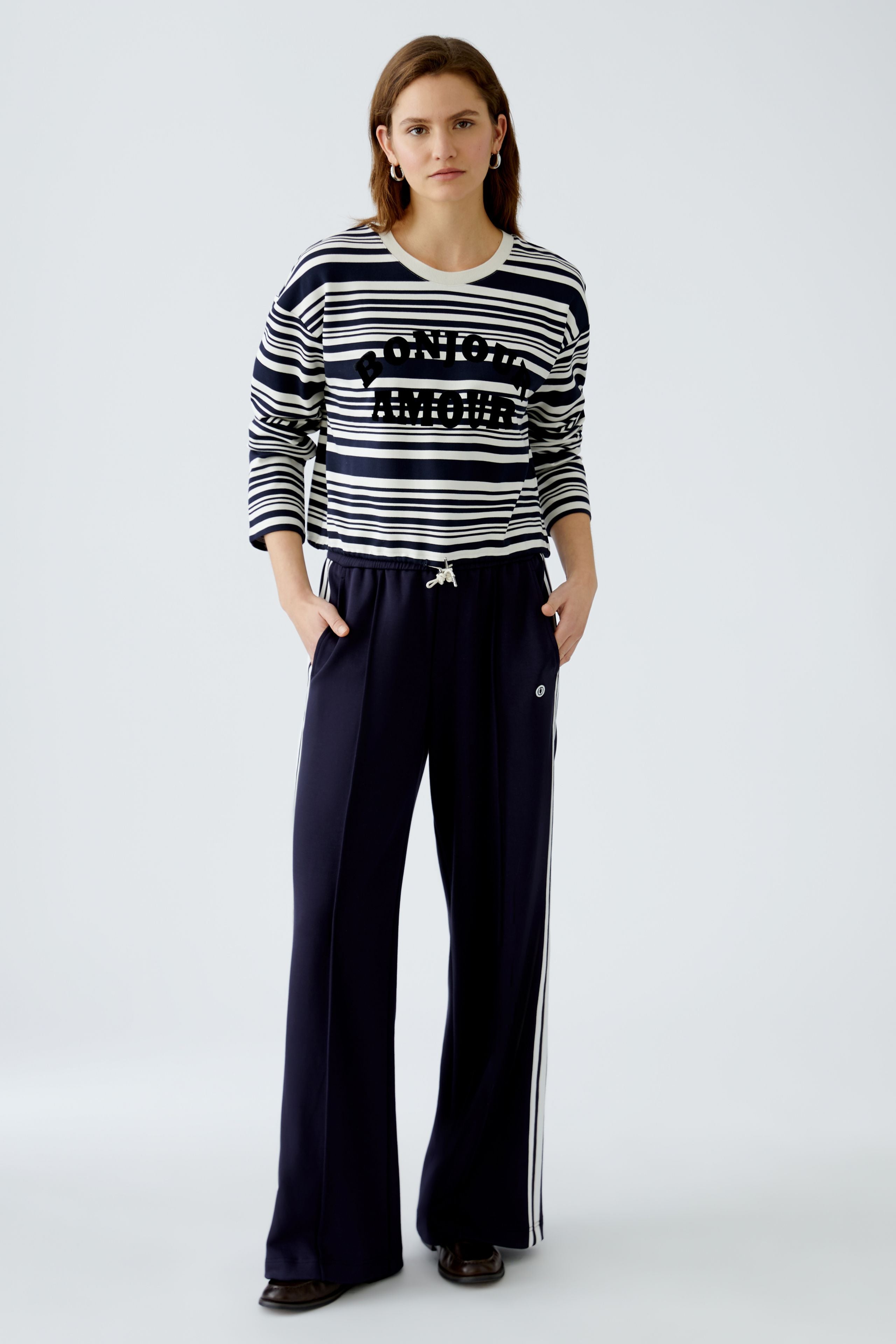 Oui White/Navy Bonjour Amour Striped Logo Jumper 