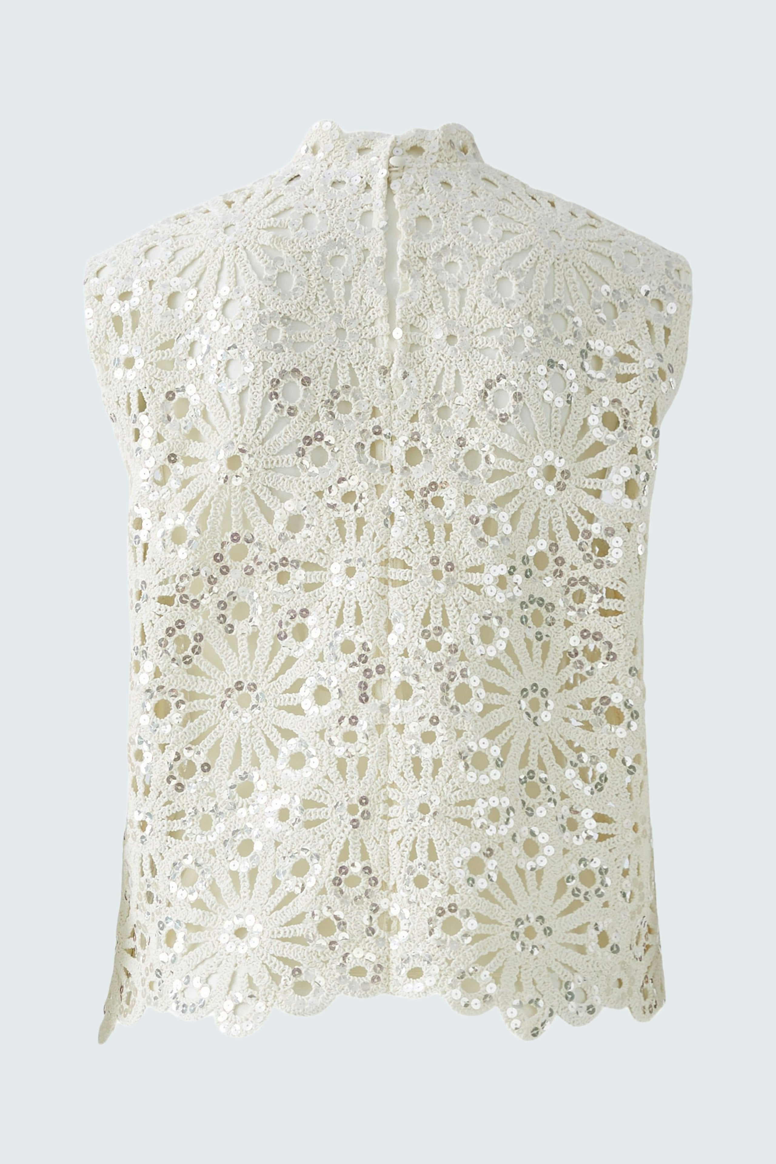 Oui high neck cropped floral lace top with transparent sequins and scalloped hem From Back