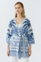 Oui blue and white jacquard summer cardigan with palm pattern