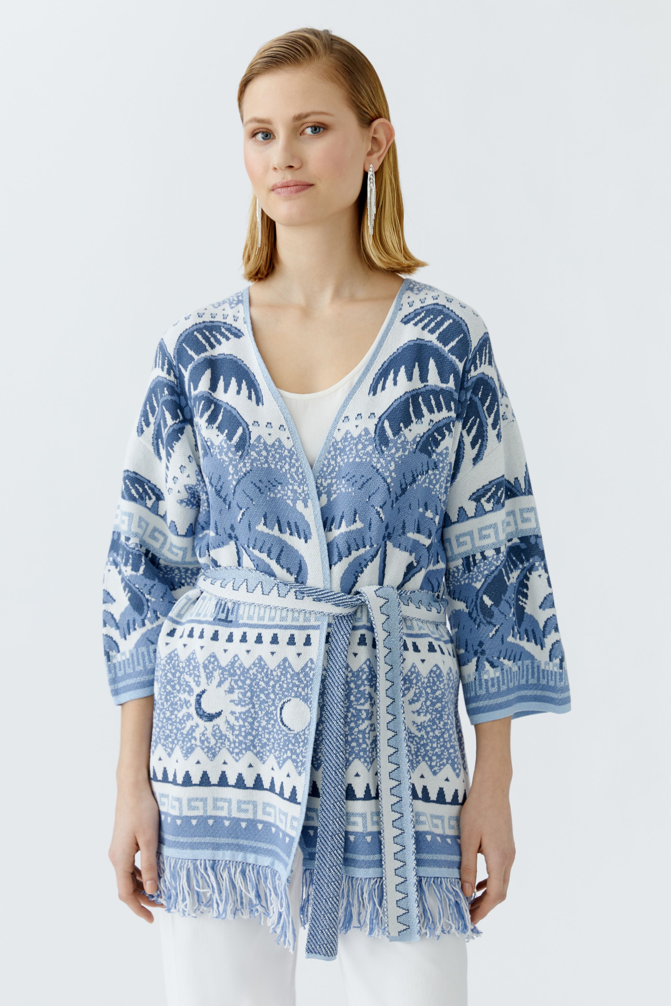 Oui blue and white jacquard summer cardigan with palm pattern