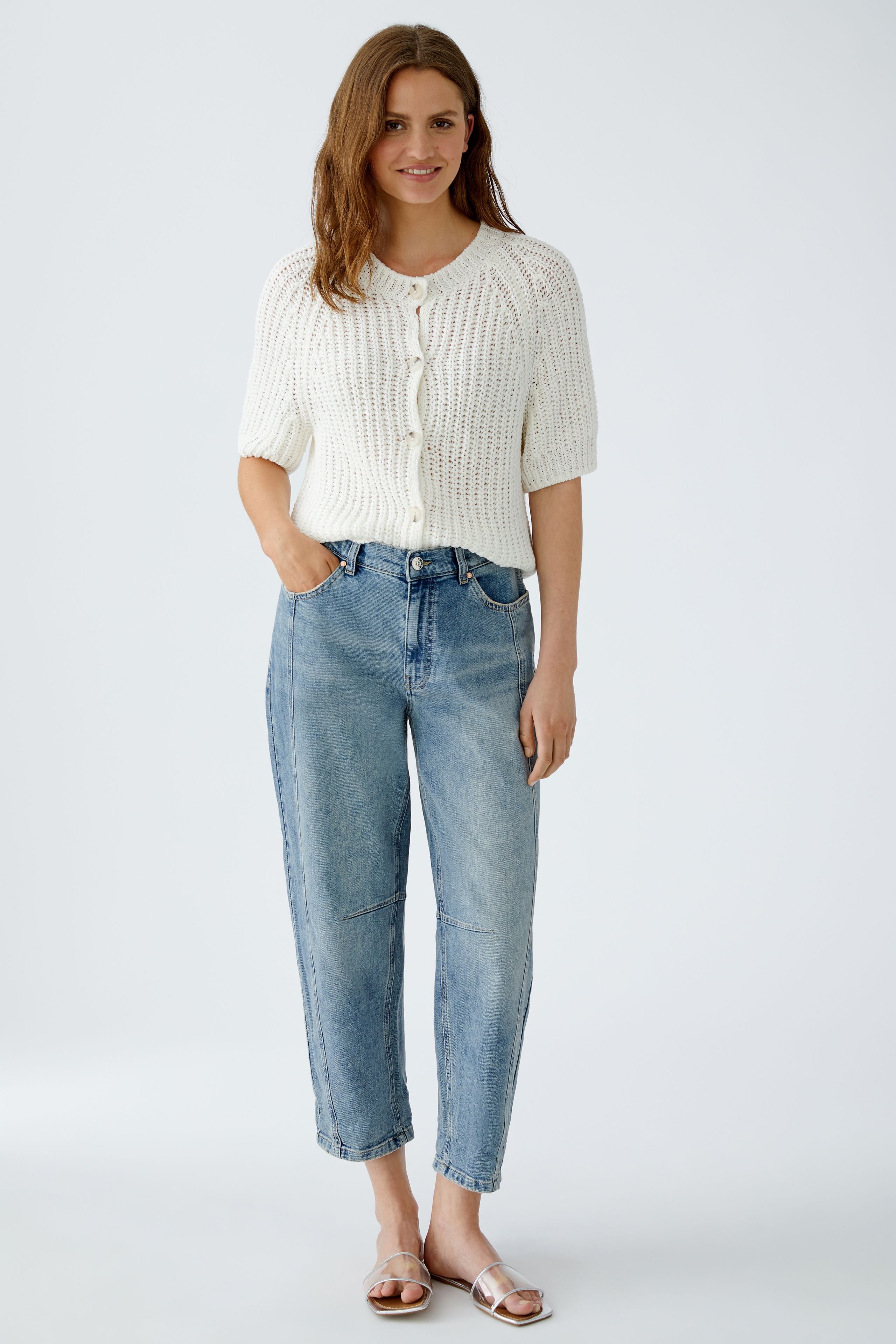 Oui textured cream cardigan styled open over a camisole