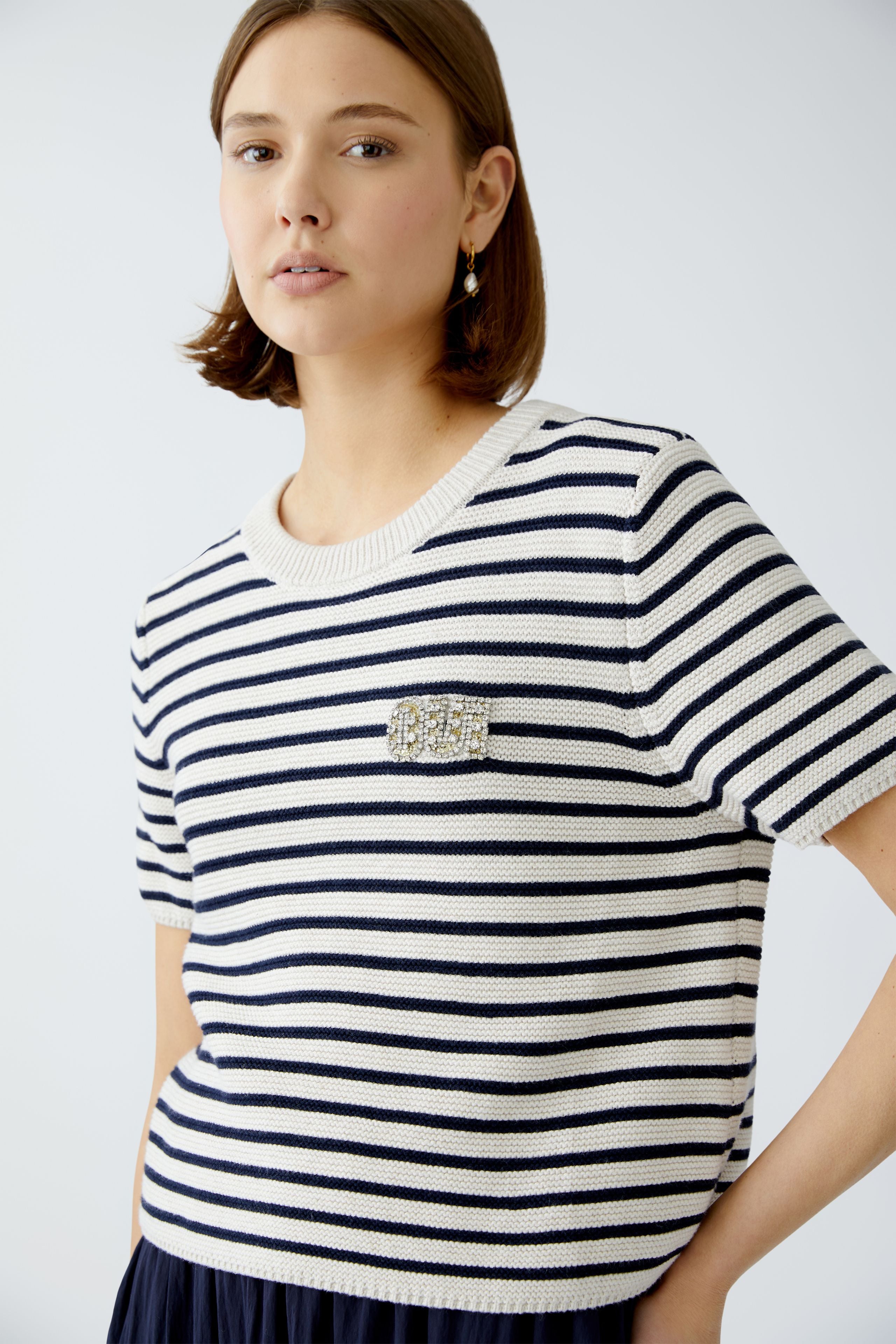 Oui Navy/White Striped Short Sleeve Jumper With Crew Neckline