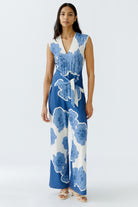 Oui blue and white floral jumpsuit with wrap front and wide-leg fit